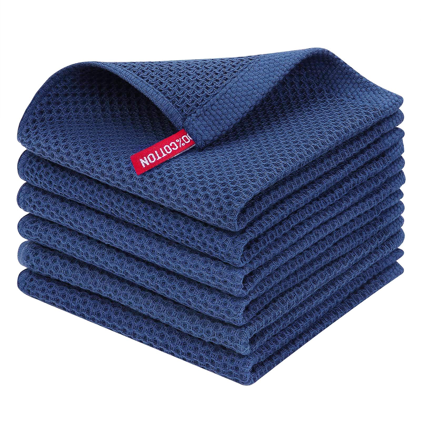 Homaxy 100% Cotton Waffle Weave Kitchen Dish Cloths, Ultra Soft Absorbent Quick Drying Dish Towels, 12X12 Inches, 6-Pack, Navy B