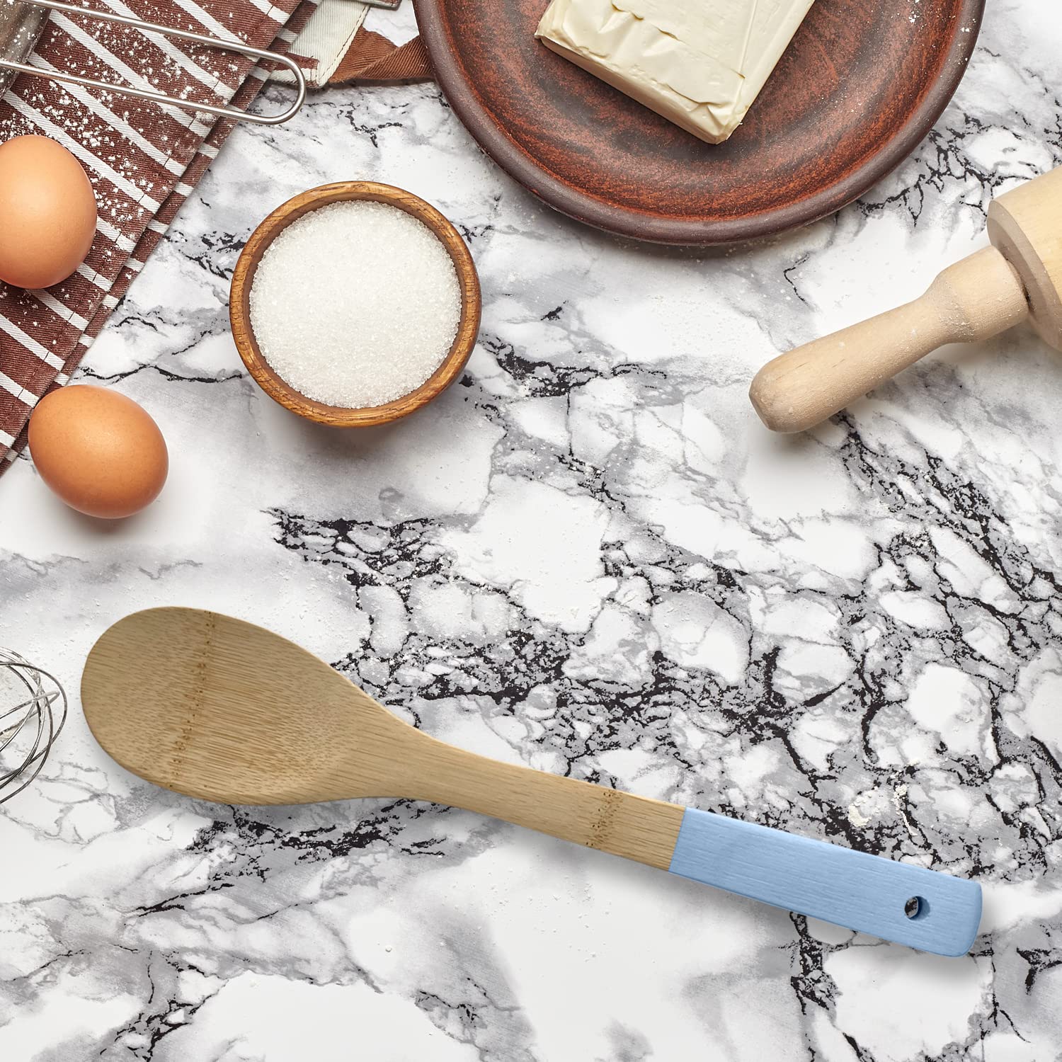 Edge Bamboo Wooden Utensils 6 Piece Set For Cooking Slotted Spoon, Turner, Fork, High Heat For Non Stick Pots And Pans, Charcoal
