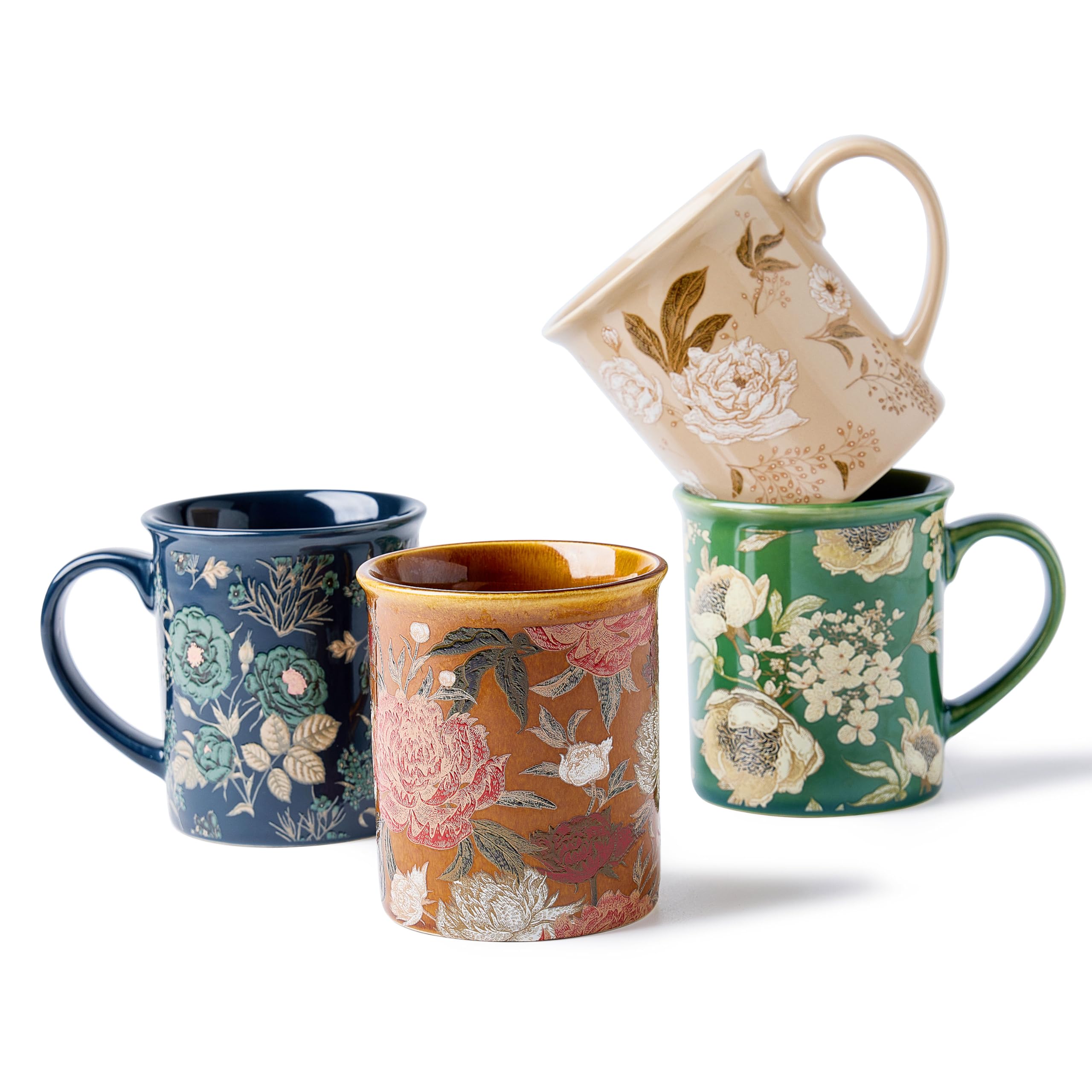 BICETTO Floral Ceramic Coffee Mugs, Set of 4, 12oz, Gift Box, Royal Bloom
