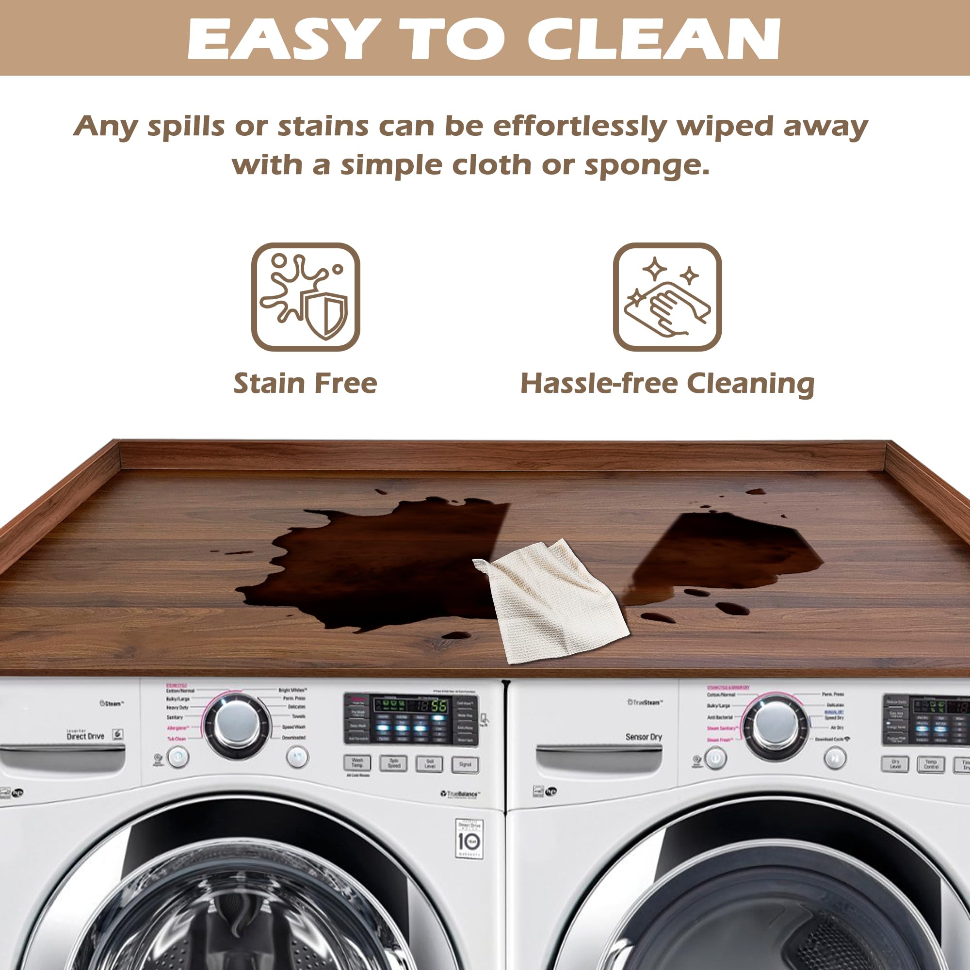 Royxen Washer Dryer Countertop Solid Wood With Polyester Coating, Laundry Countertop With Edge Rails - 27.5'' Depth X 54'' Width