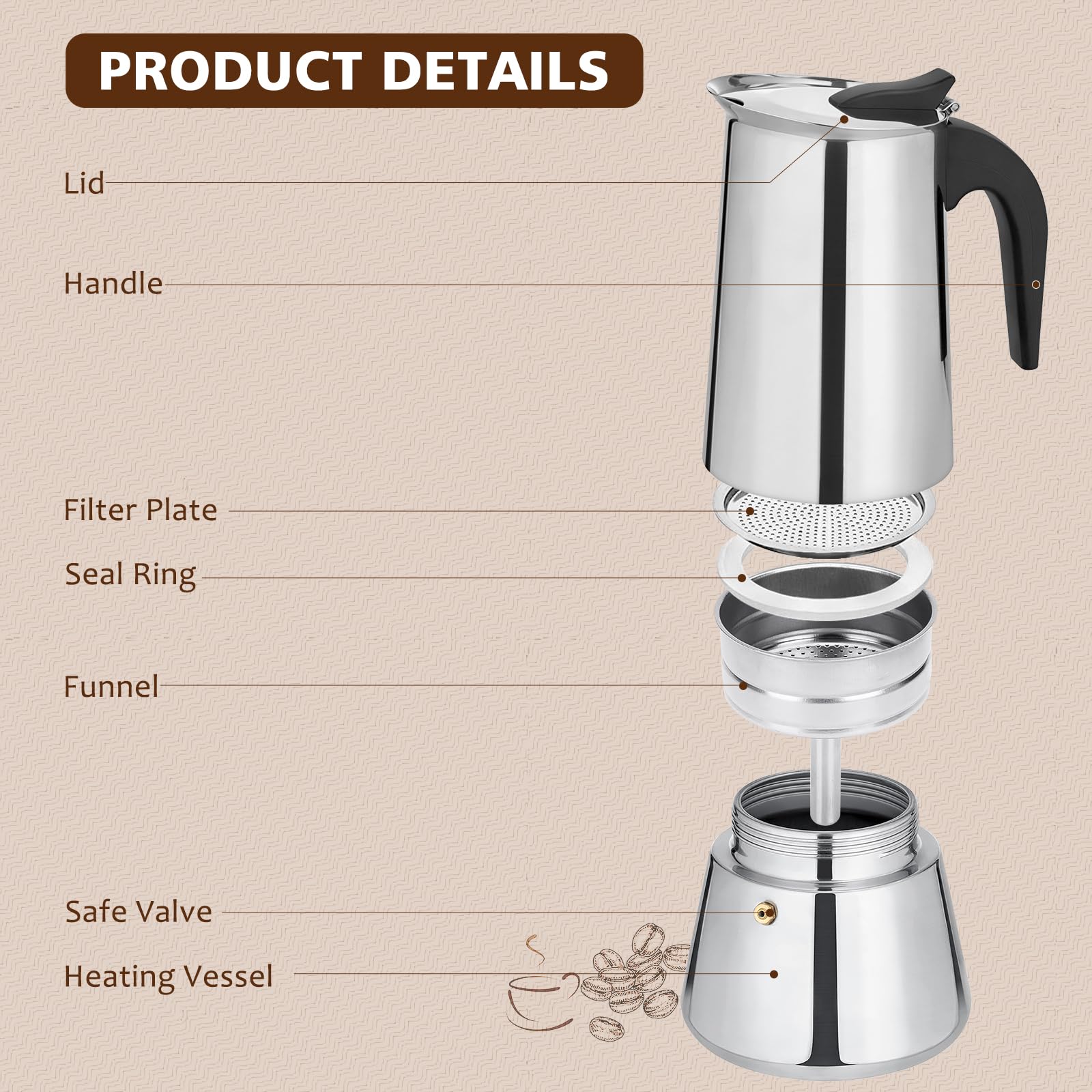 Vonates Stovetop Espresso Maker, 12 Cup Moka Pot, Italian Coffee Maker Percolator, Stainless Steel Espresso Pots, 600Ml/20Oz(Esp