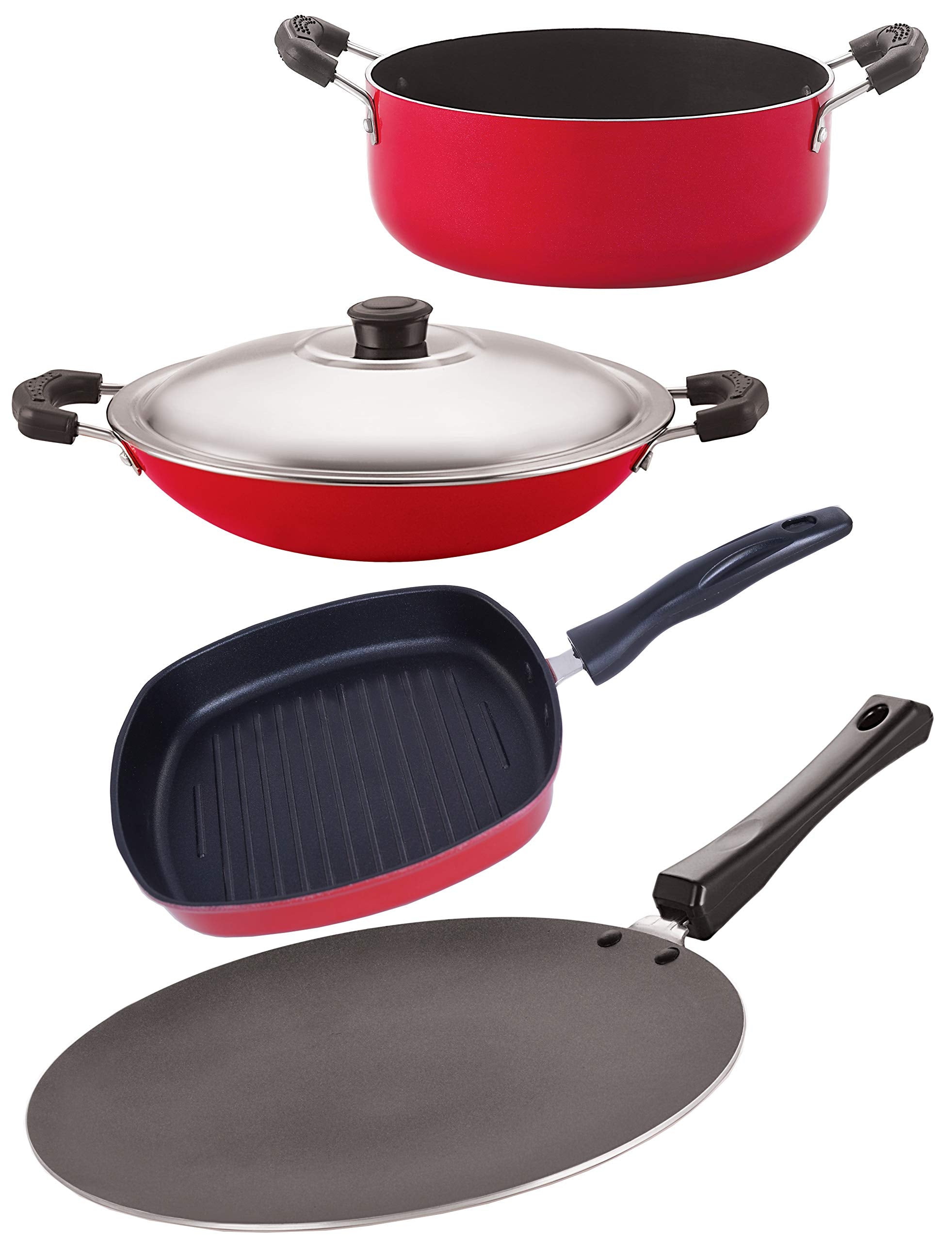 Nirlon NonStick Aluminum Cookware Set, 4Piece, Red And Black (2.6Mm_Ct12_Ac_Gp(22.5)_Cass20)
