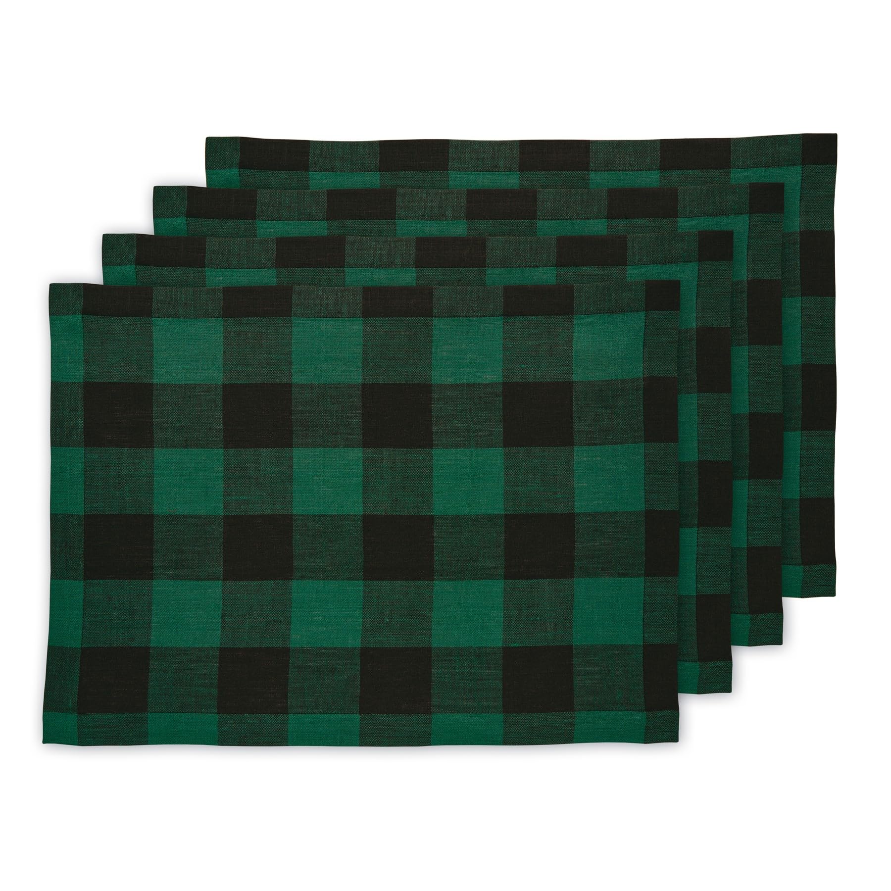 Solino Home Buffalo Check Linen Placemats 19 '' L X 14 '' W Inch - 100% Pure Linen Green And Black Plaid Cloth Placemats Set Of