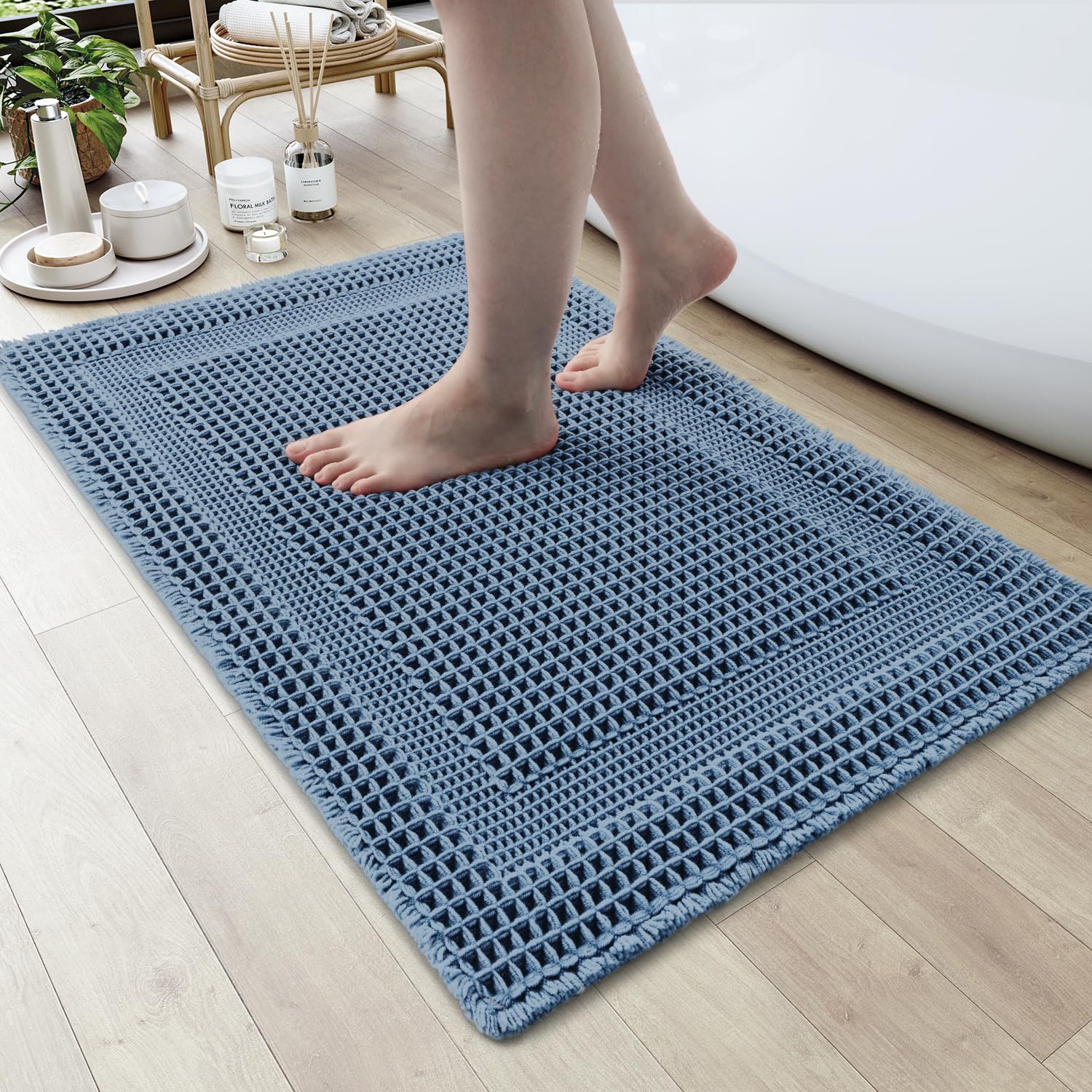 Amoami Waffle Bath-Mat, Absorbent Bath Mats For Bathroom Non Slip, Machine Washable Bathroom Rugs With Tassels Ultra Soft Boho B