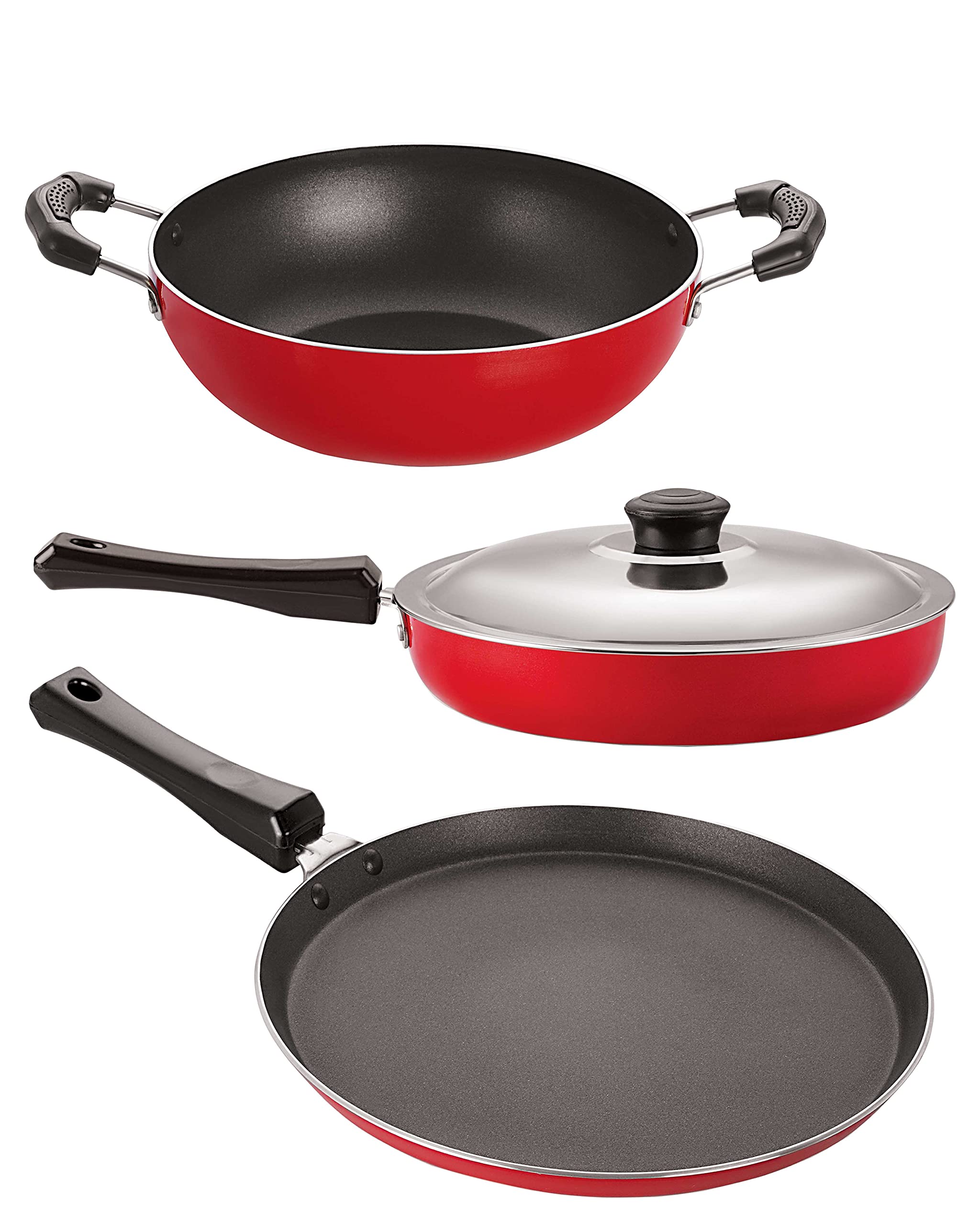 Deluxe NonStick Set Of Kitchenware Utensils Tawa 28Cm, Fry Pan 2L With Steel Lid, Kadai 2.5L Best Price Deal
