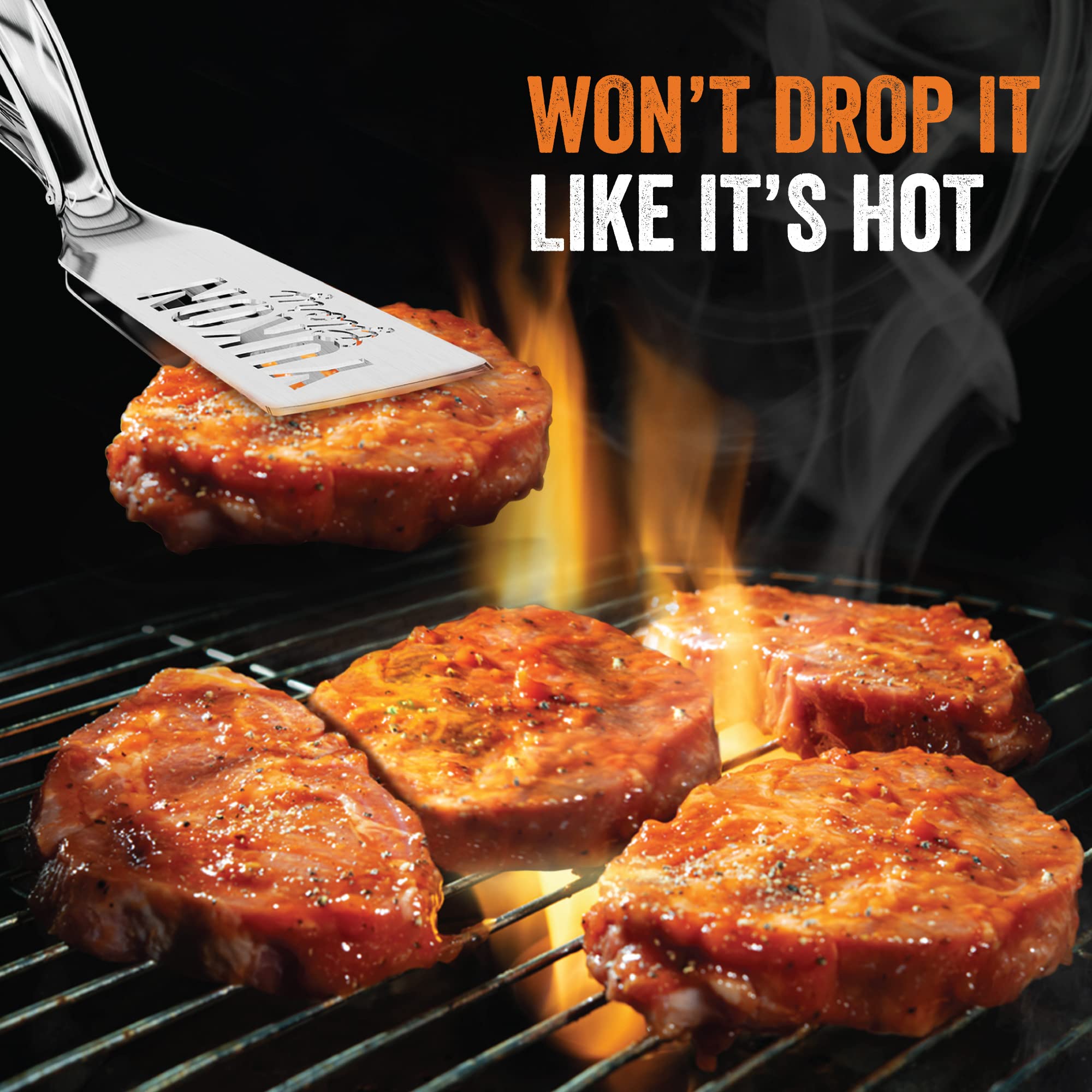 Yukon Glory Premium Stainless-Steel, Rubber-Grip Tongs-Spatula, Perfect For Grilling, Cooking, Frying, And Griddling