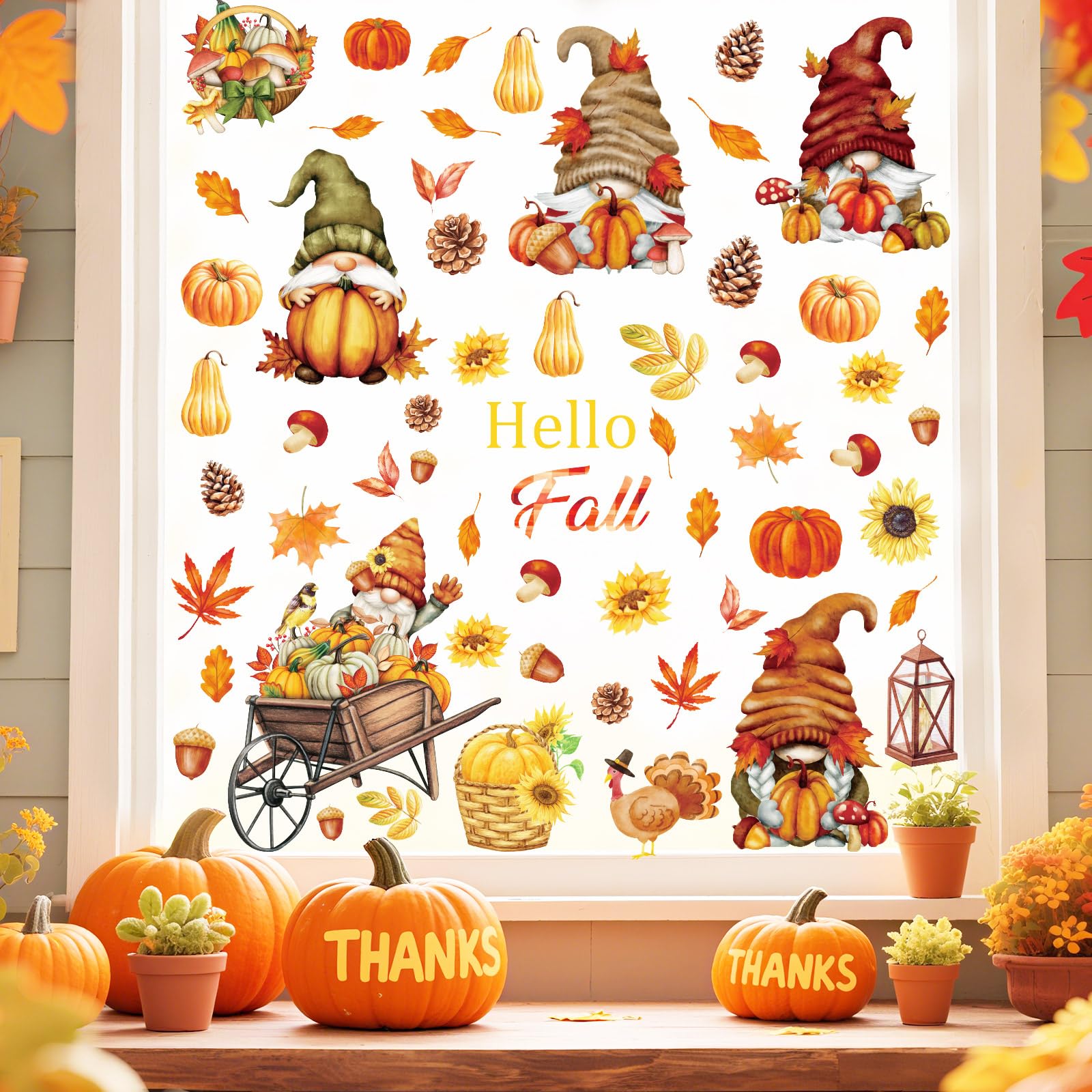 Aurlan Hello Fall Gnomes Window Clings,Thanksgiving Window Clings,Autumn Pumpkin Wall Stickers,Maple Leaves Wall Decals,Fall Lea