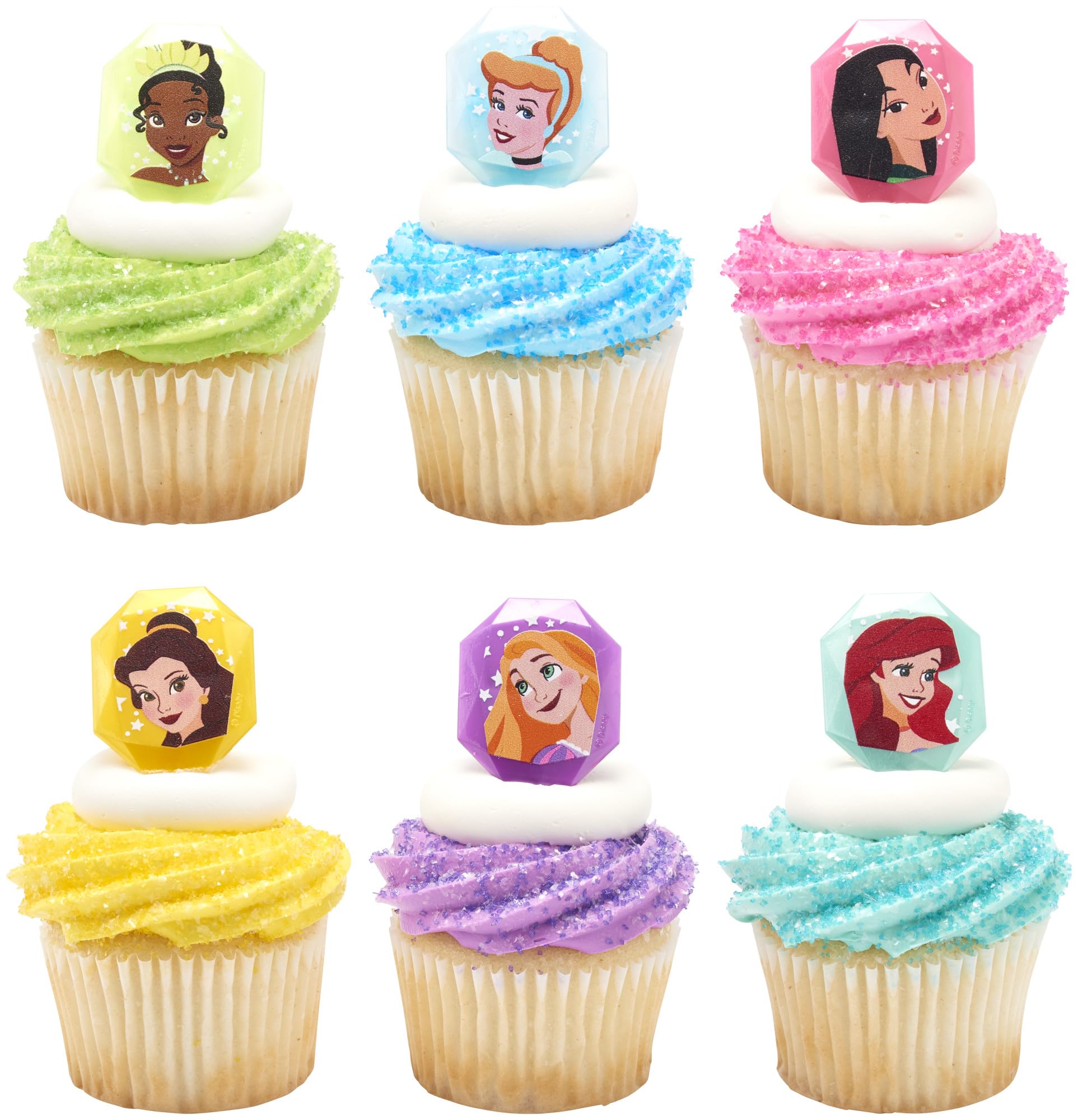 Decopac Disney Princess Gemstone Rings, Cupcake Decorations Featuring Mulan, Cinderella, Tiana, Belle, Rapunzel And Ariel, Multi