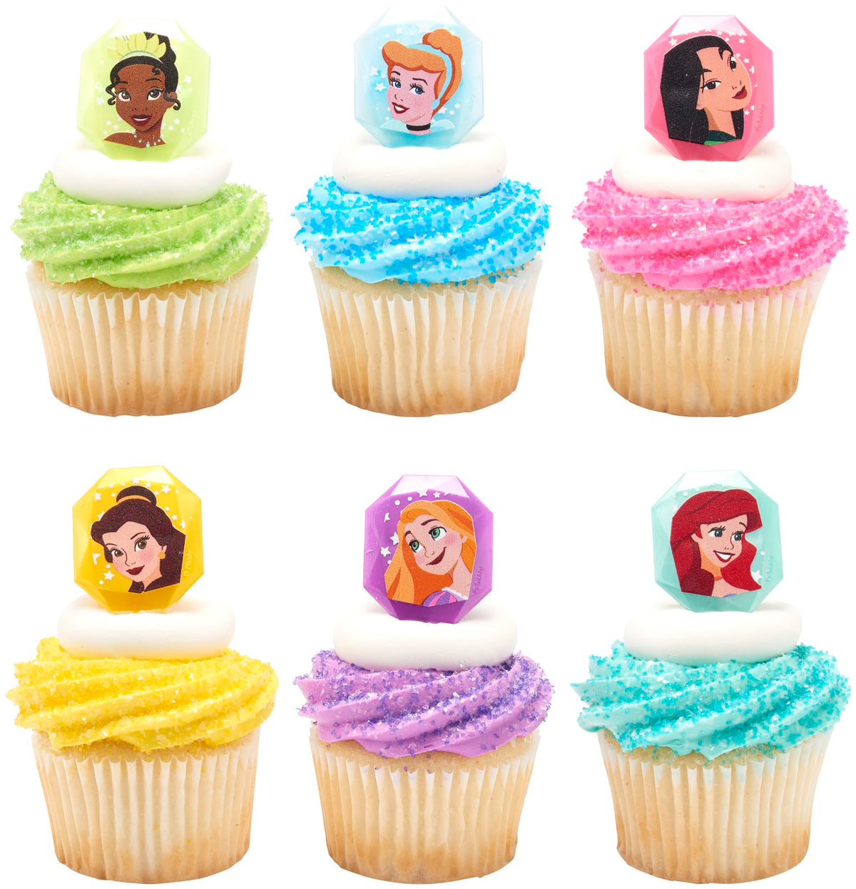 Decopac Disney Princess Gemstone Rings, Cupcake Decorations Featuring Mulan, Cinderella, Tiana, Belle, Rapunzel And Ariel, Multi