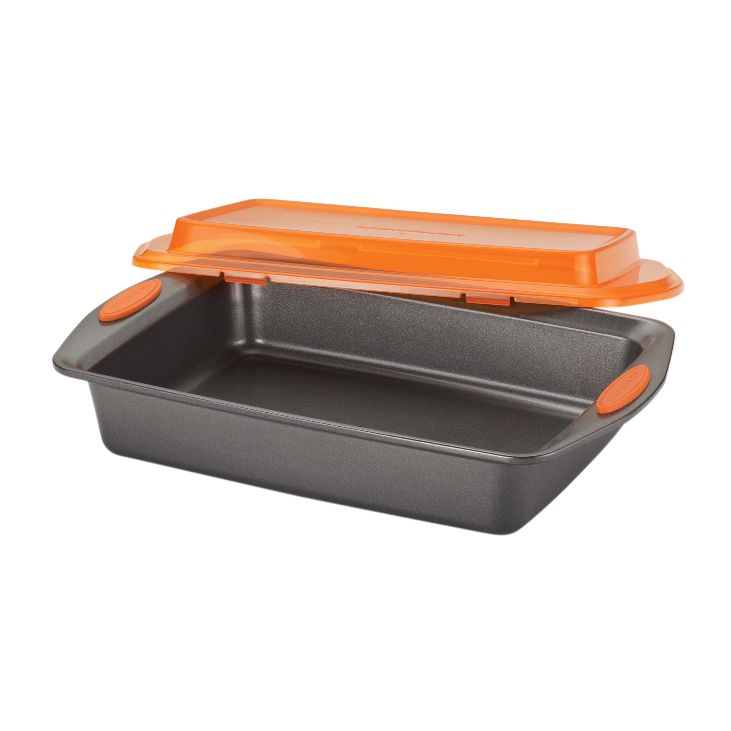 Rachael Ray Nonstick Bakeware Cake Pan with Lid, 9"x13", Gray with Orange Grips, Model 57994, Steel Material