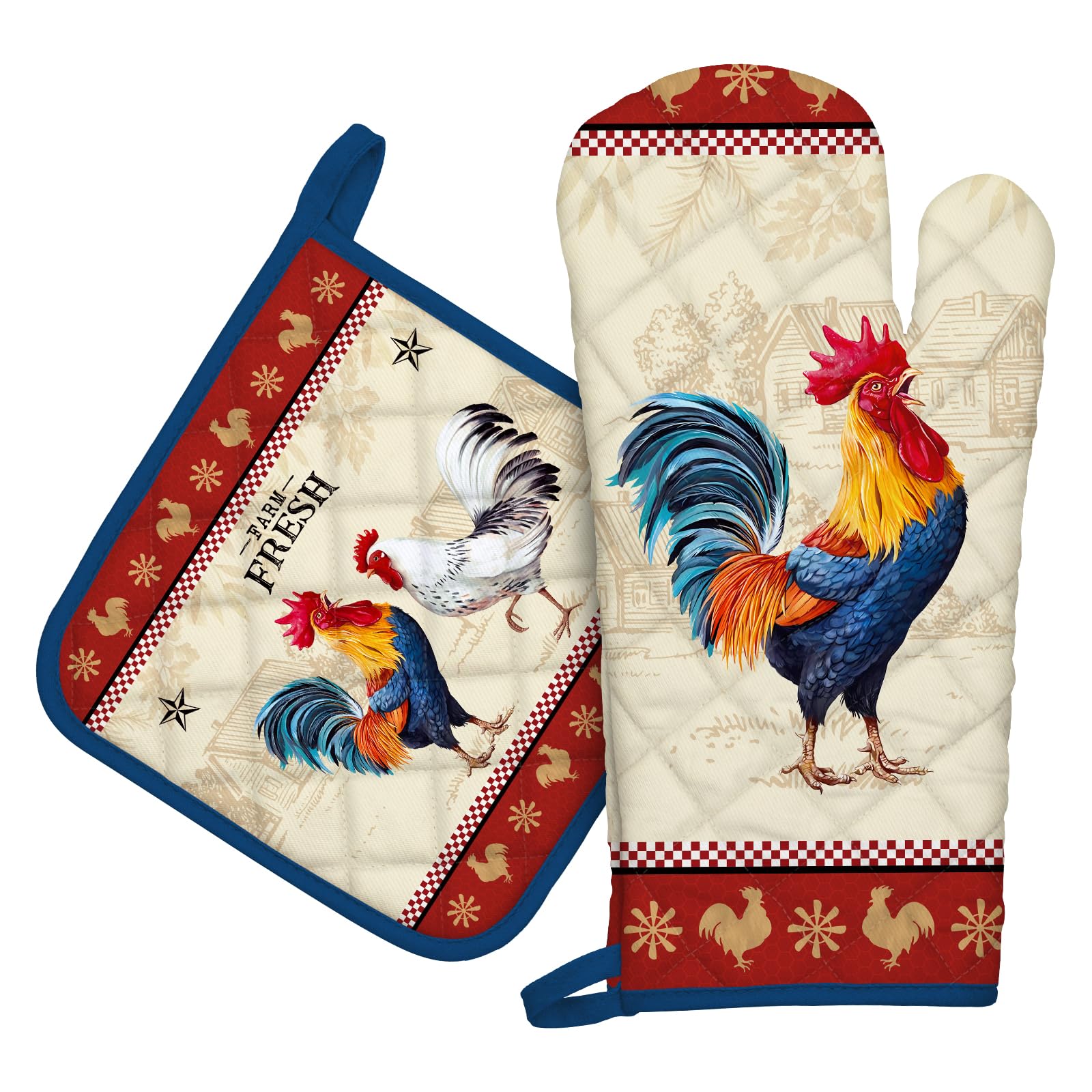Arquiel Rooster Oven Mitts And Pot Holders Sets 100% Cotton Heat Resistant, Extra Long Oven Gloves Potholder For Kitchen Cooking