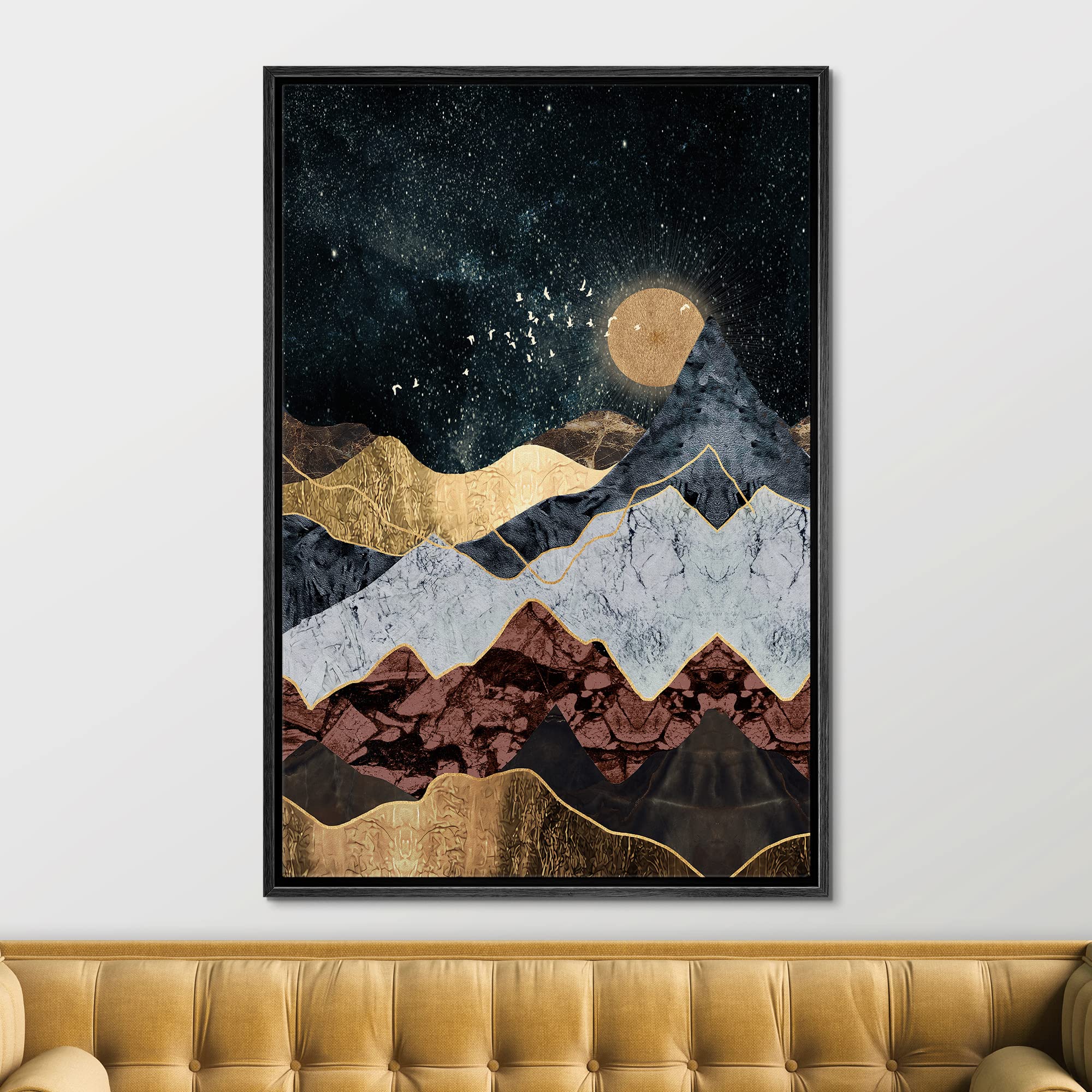 Signford Framed Canvas Print Wall Art Gold Moon Granite Marble Mountain Range Nature Wilderness Illustrations Modern Art Decorat