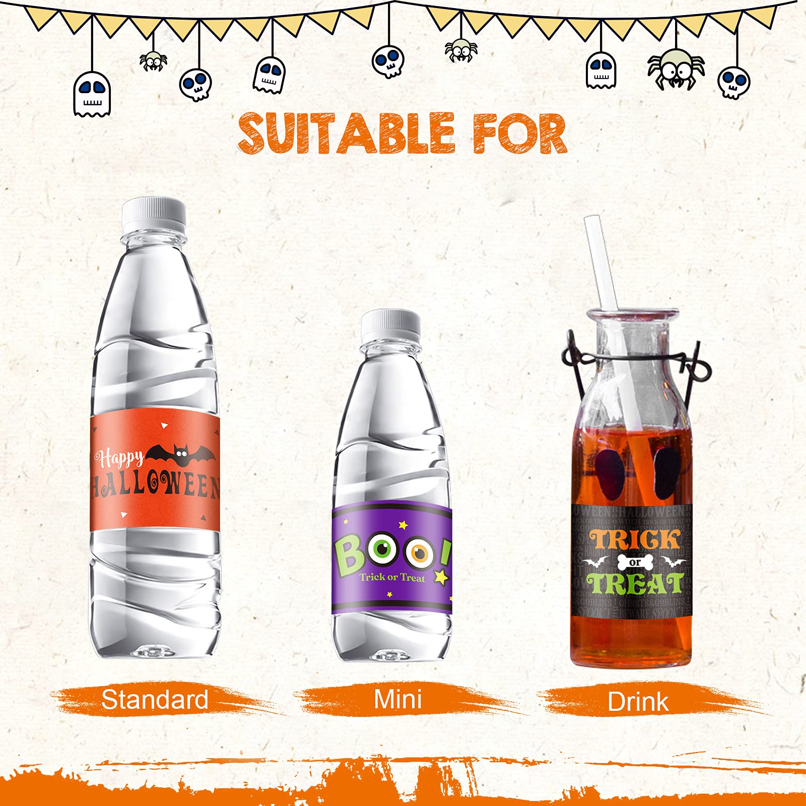 39 Pieces Halloween Water Bottle Labels Waterproof Water Bottle Sticker Wrappers Pumpkin Wrap Around Labels Trick Or Treat Bottl