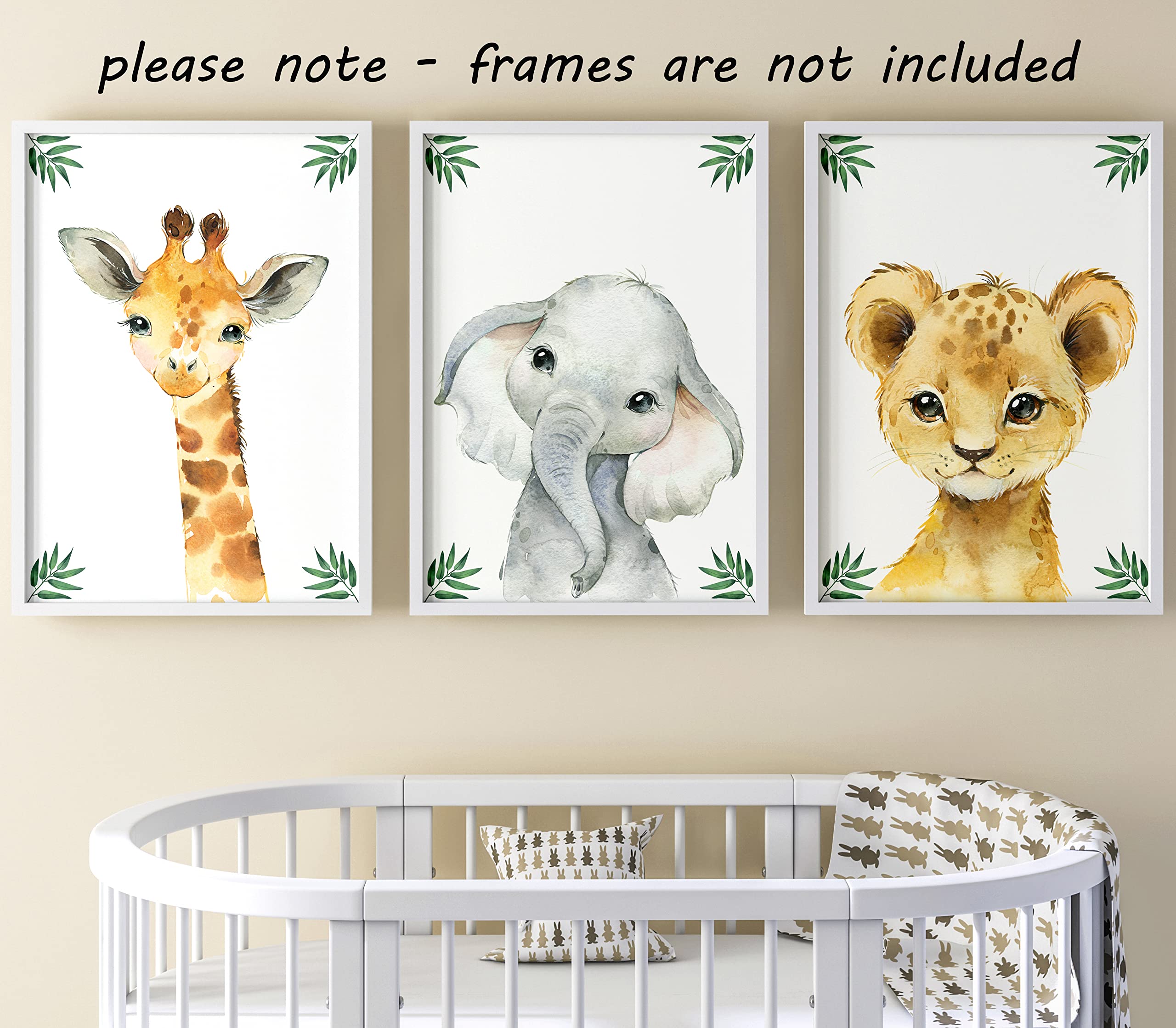 Baby Safari Animals For Girl Or Boy Nursery Bedroom, Set Of 3 Unframed Wall Art Prints, Jungle Leaves Posters, Nursery Decor Gif