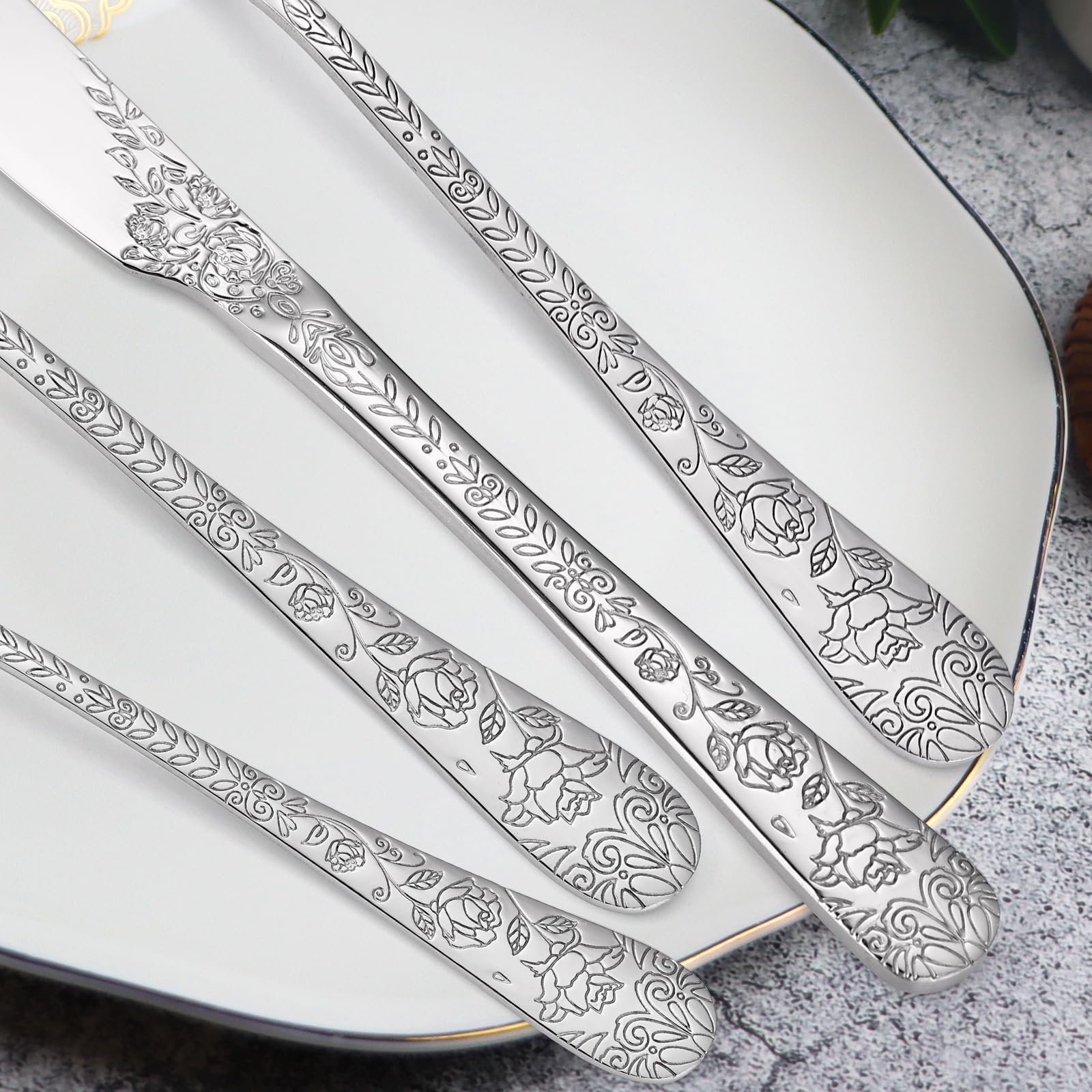 A · HOUSEWARE Floral Silverware Set, 30-Piece Stainless Steel Cutlery, Silver, Engraved Rose Design for Home & Restaurant Use