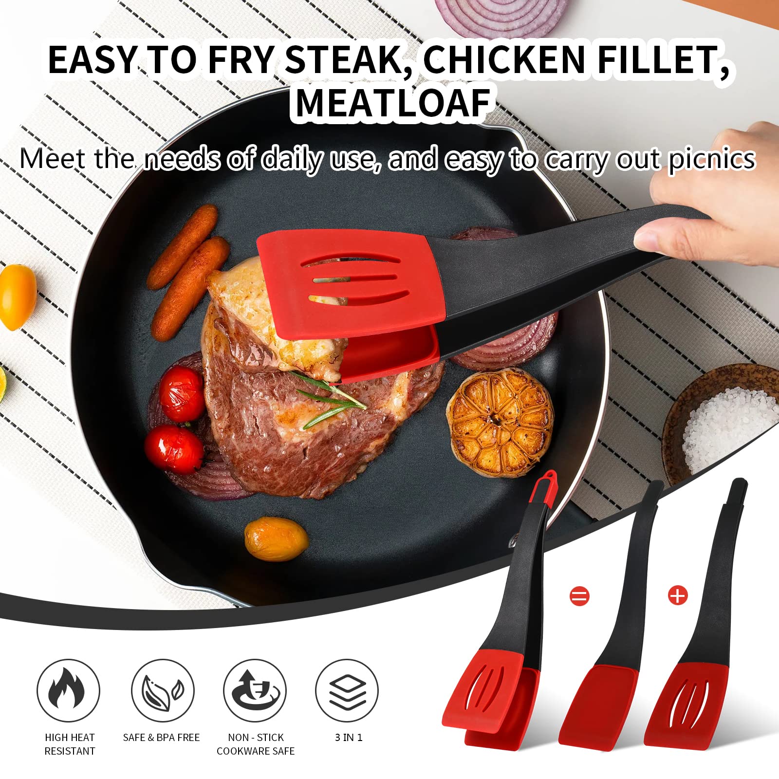 Collfa 3 In 1 Kitchen Silicone Spatula Tongs For Cooking Serving Heat Resistant Detachable Flexible Flipping Clip Multipurpose B