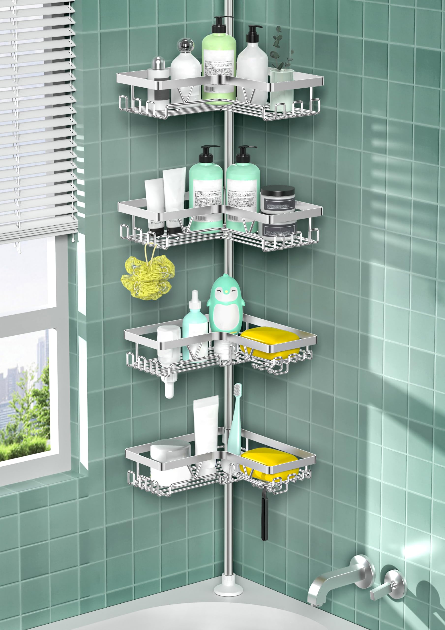 DAOYA Shower Caddy Tension Pole - Corner Shower Shelves with Soap Holder Bathroom Shower Organizer for Tub (Stainless Steel, Sil