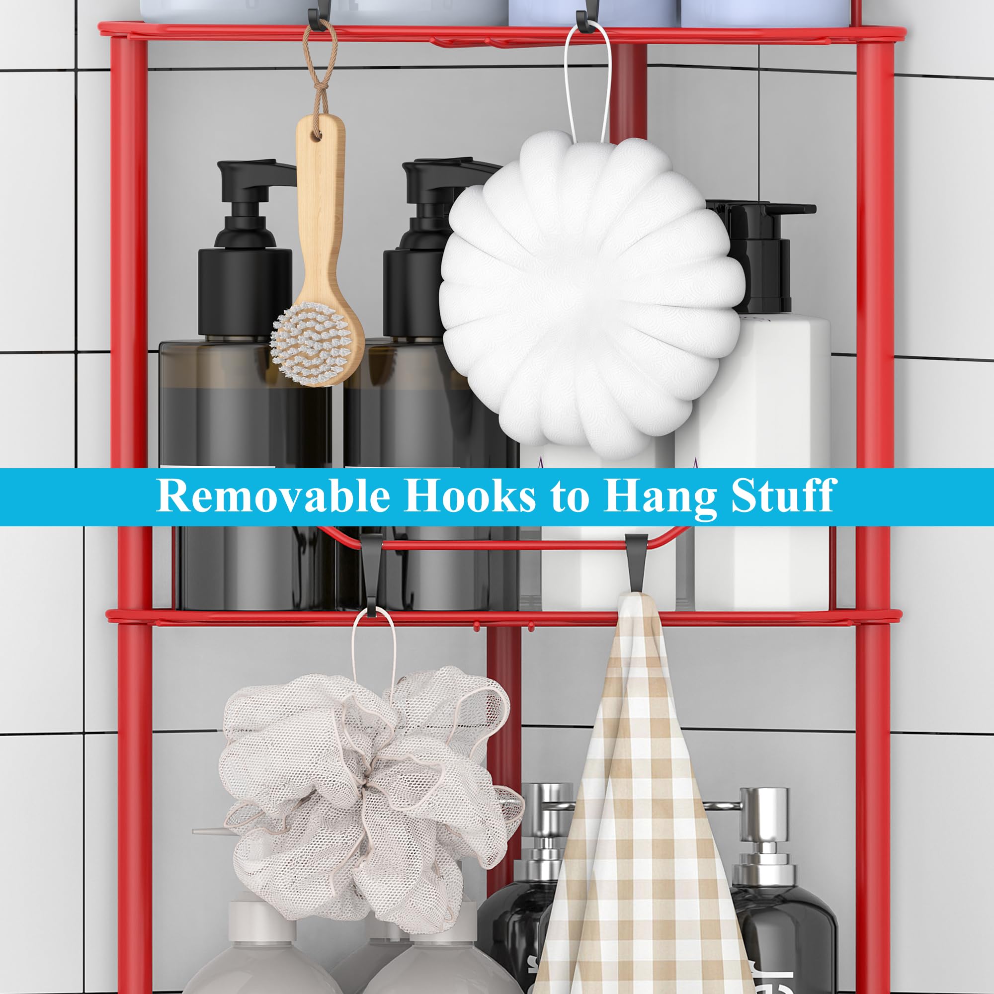 Huggiegems 4 Tier Floor Standing Corner Shower Caddy Organizer Shelf With Hooks, Bathroom Shelves Stand Rack, Red