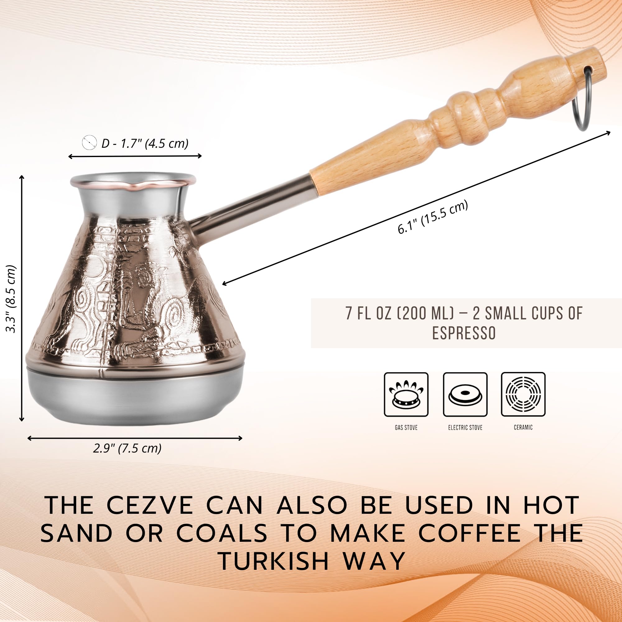 Turkish Cezve 7 Fl Oz - 200 Ml Leopard Copper Cezve Large Turka Turkish Coffee Pot Greek Arabic Coffee Pot With Wooden Handle Je