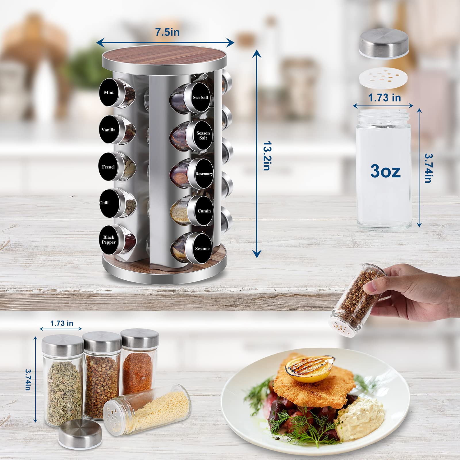 WAYDA Rotating Spice Rack Organizer - 20 Jars Stainless Steel Spice Tower for Kitchen Countertop, Blue/Silver with Labels and Funnel