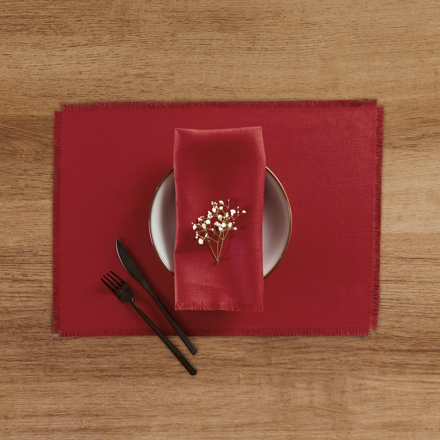 Solino Home Fringe Linen Placemats 19'' L X 14'' W Inch - 100% Pure Linen Cherry Cloth Placemats Set Of 4 - Washable Fabric Plac