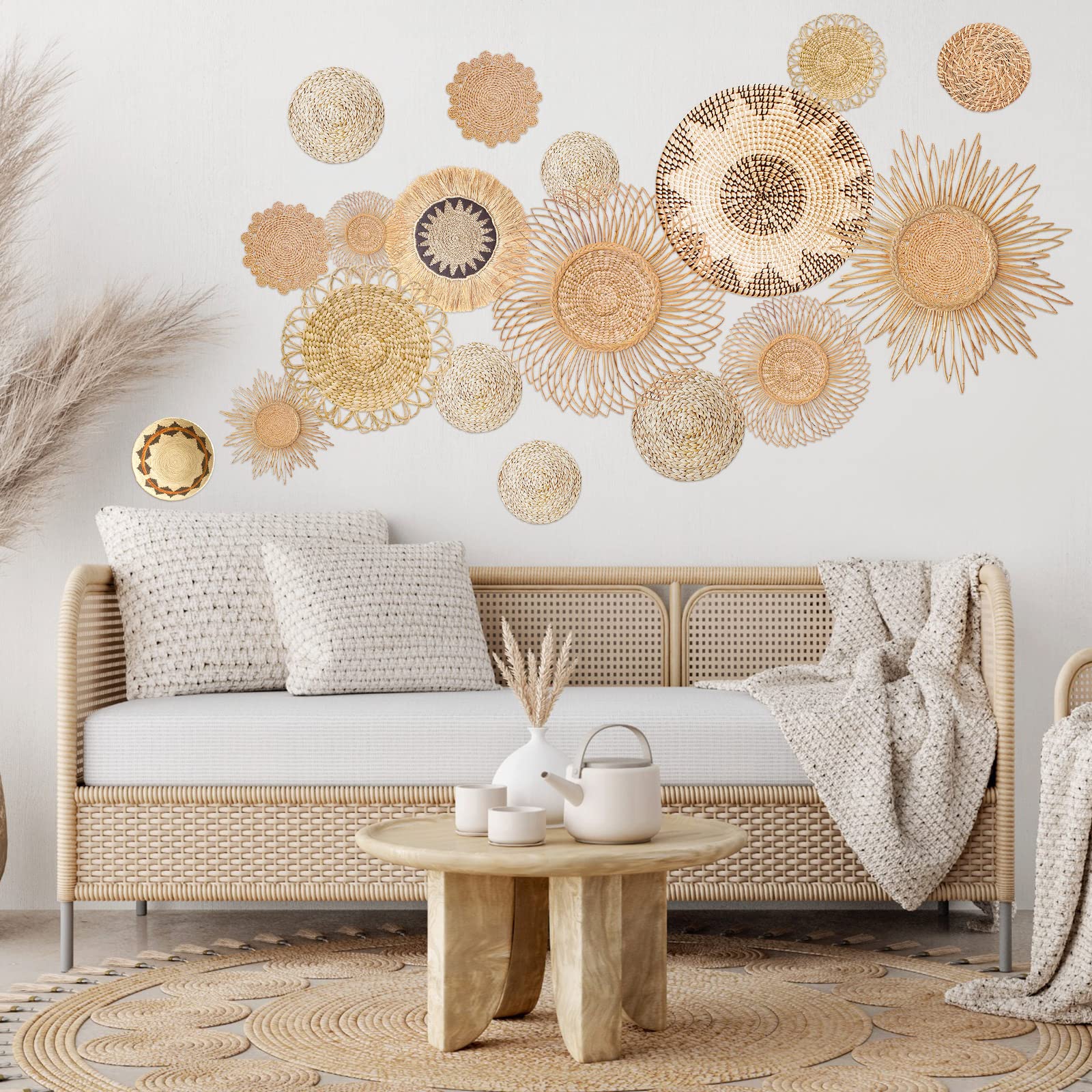 18Pcs Boho Basket Wall Decals Round Wall Sticker Modern Boho Wall Decor Peel and Stick Wall Decor Sticker Removable Boho Wall Stickers Rustic Wall Art for Bedroom Office  Stickers Only (Stylish Style)