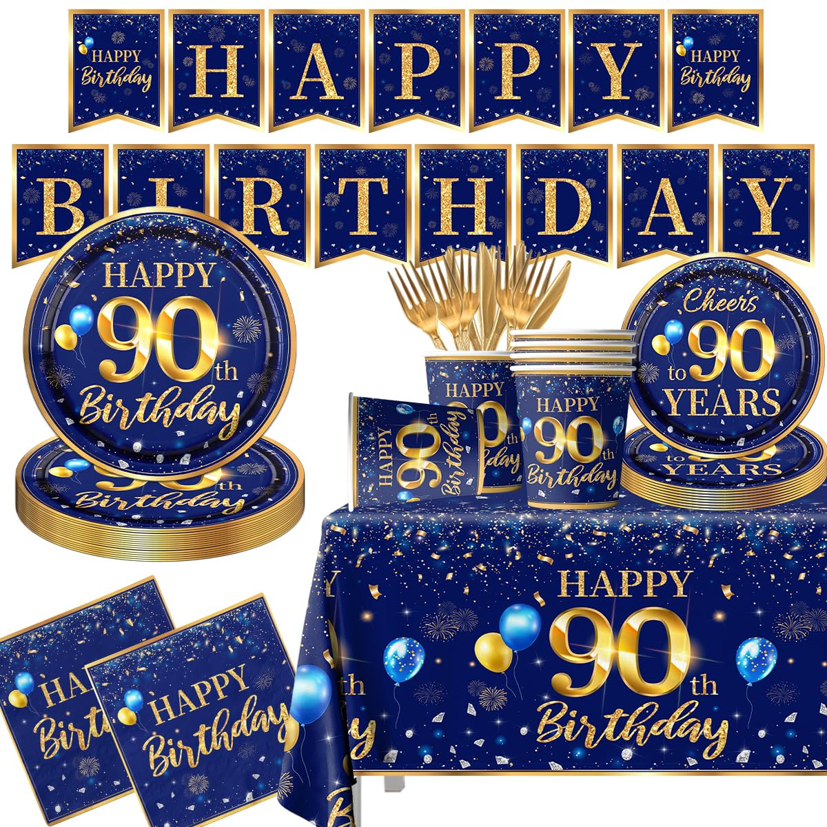 90Th Birthday Decoration Men-142Pcs Navy Blue And Gold Birthday Tableware Set(Serve For 20) Include Happy 90Th Birthday Banner P