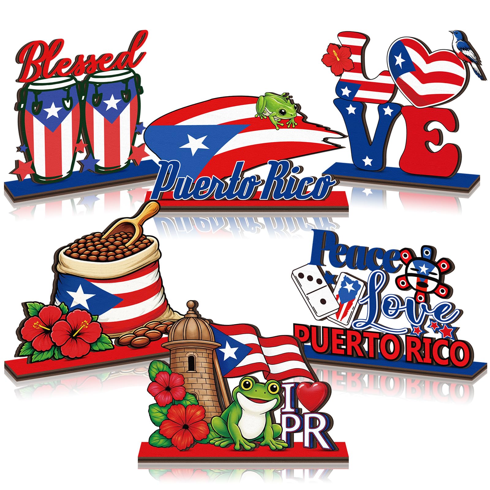 Yuntau 6 Pcs Puerto Rico Table Decorations Wooden Table Centerpieces Puerto Rican Icons with Red and Blue Bases Boricua Theme Pa