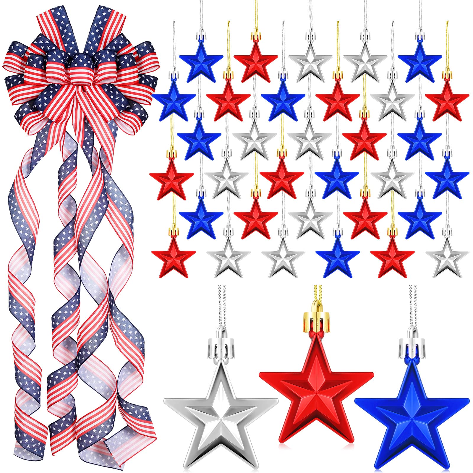 Cindeer 37 Pcs Patriotic Decorations Large America Flag Bow for Wreath 36 Pcs Patriotic Red White Blue Stars Ornaments Holiday T