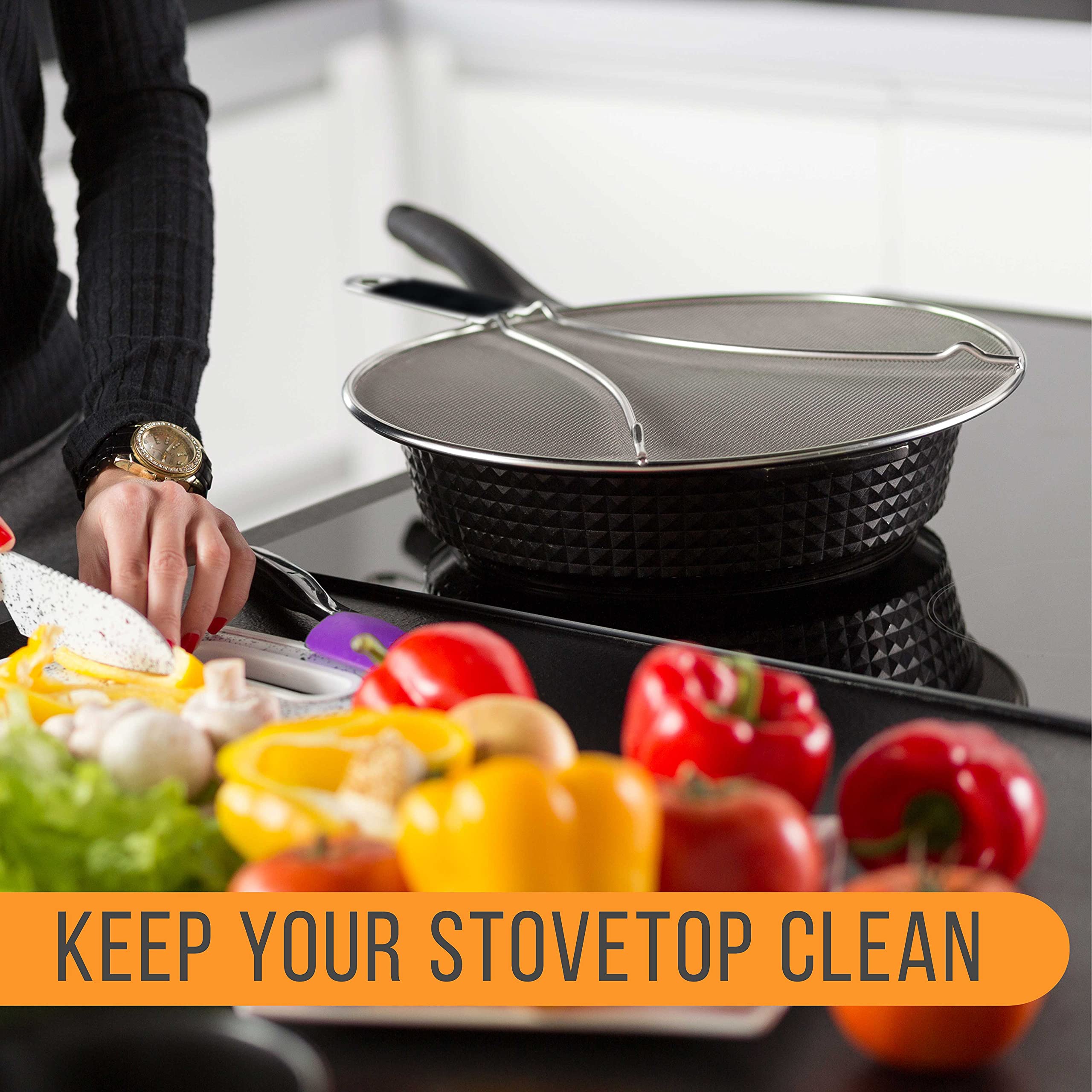 U.S. Kitchen Supply 13'', 11.5'', 9.5'' Stainless Steel Fine Mesh Splatter Screen With Resting Feet Set, Black Comfort Grip Hand