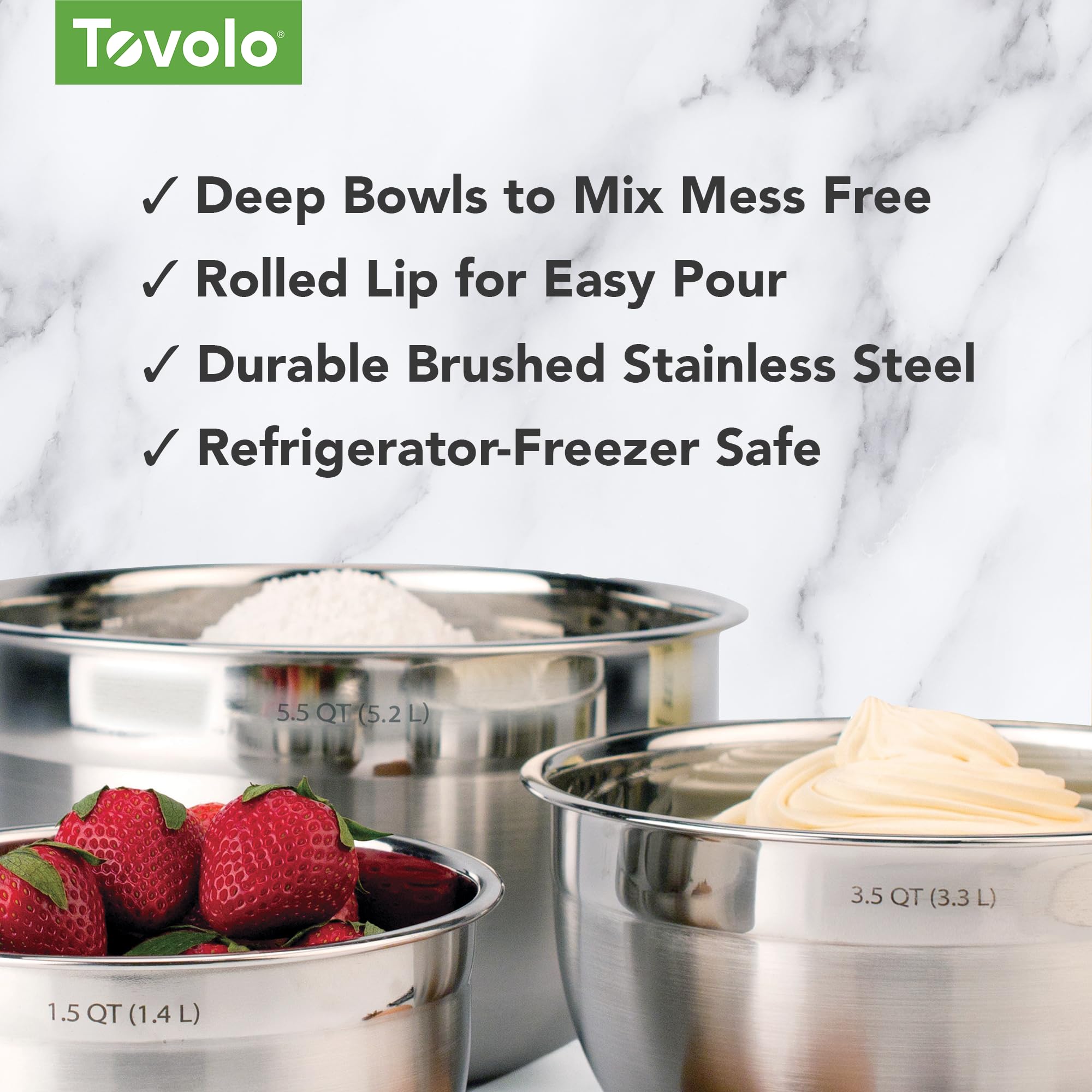 Tovolo Stainless Steel Mixing Bowls, 5.5 Qt - Metal Nesting Mixing Bowl With Rounded Lip For Easy Pour & Minimal Mess - Large &