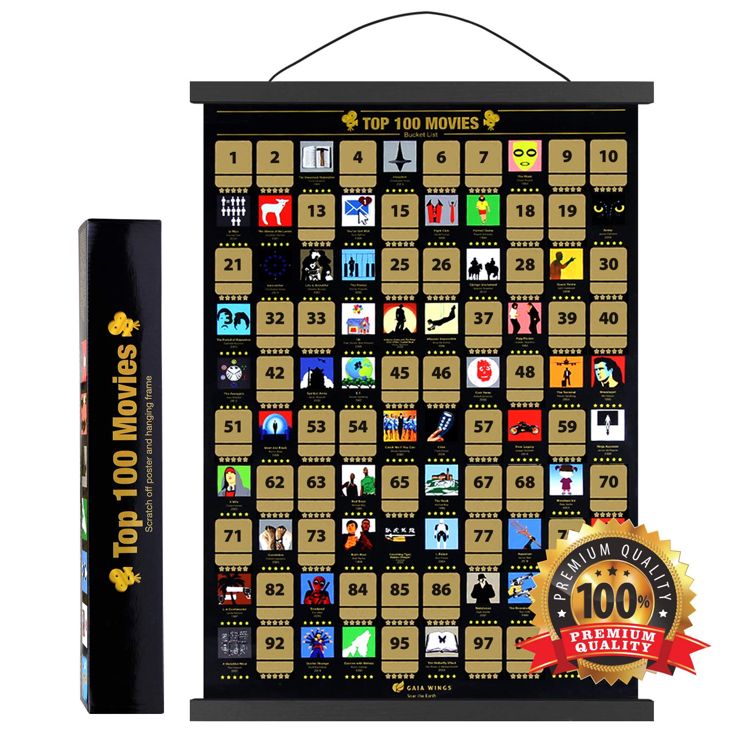 Gaia Wings 100 Movies Scratch Off Poster Includes Poster Frame 17'' Long (Black) - The Perfect Movie Room Decor, Wall Art Or Gif