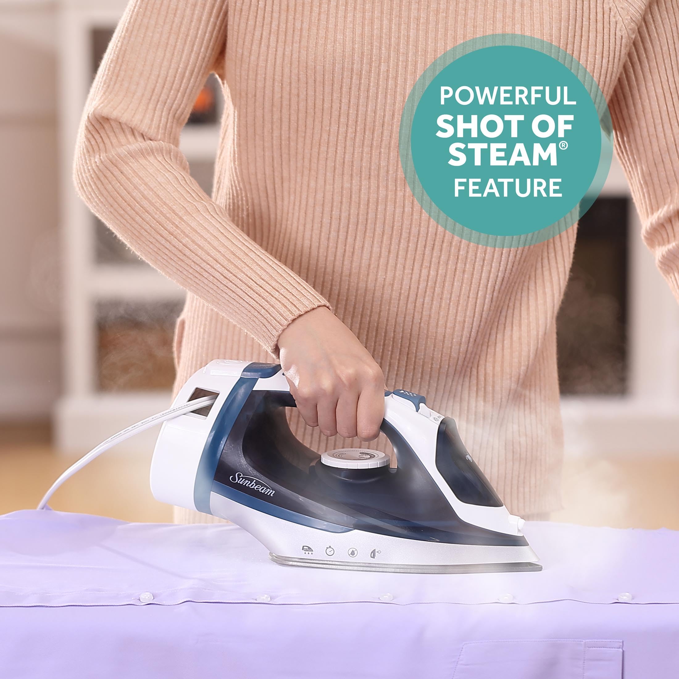 Sunbeam 1700W Steam Iron with Retractable Cord, Non-Stick Soleplate, Dual Spray Mist, 3-Way Auto-Off, Blue/White, Model 32610050