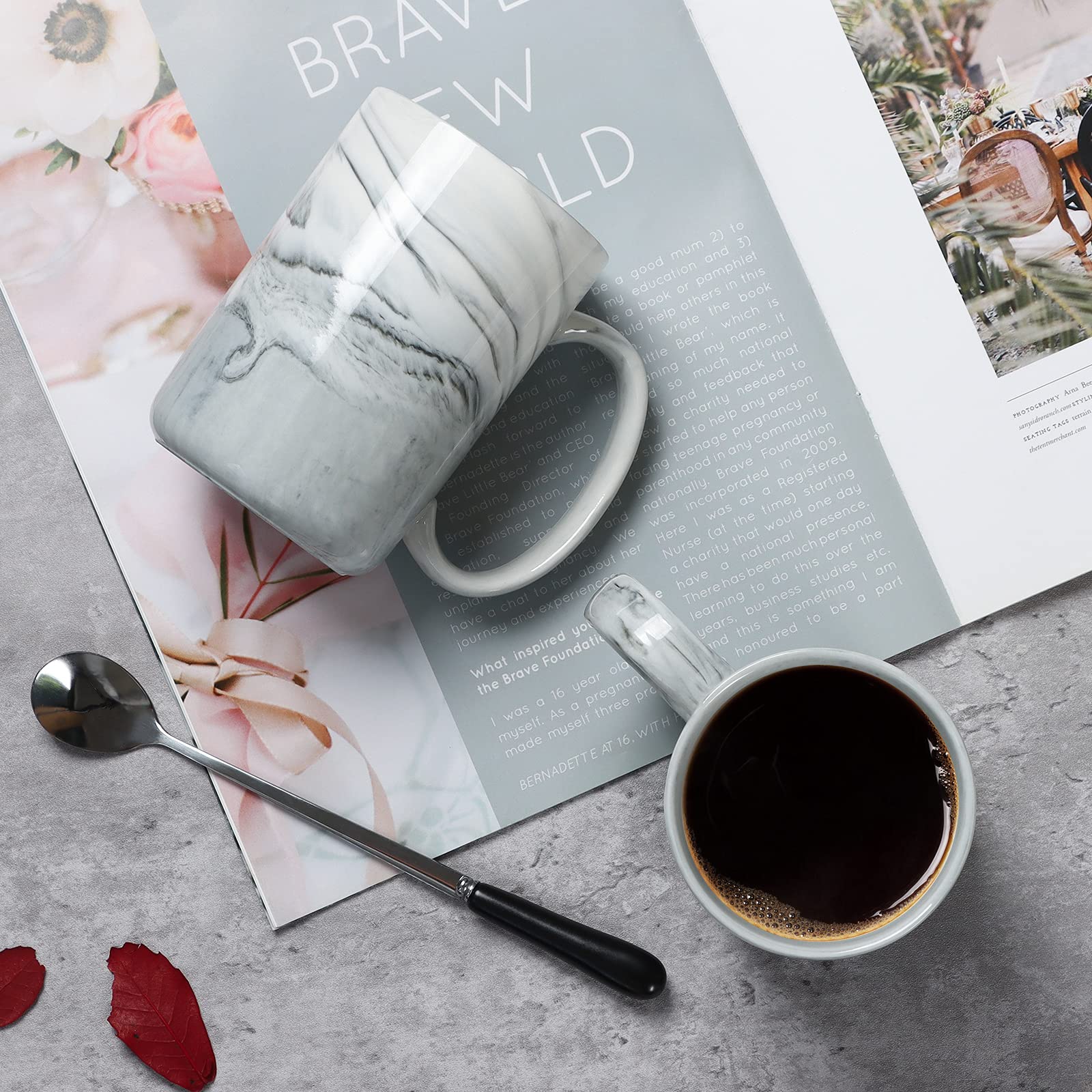 Smilatte 14 Oz Marble Coffee Mugs, M068 Novelty Marble Ceramic Cup For Home And Office, Microwave Dishwasher Safe, Set Of 4, Gra