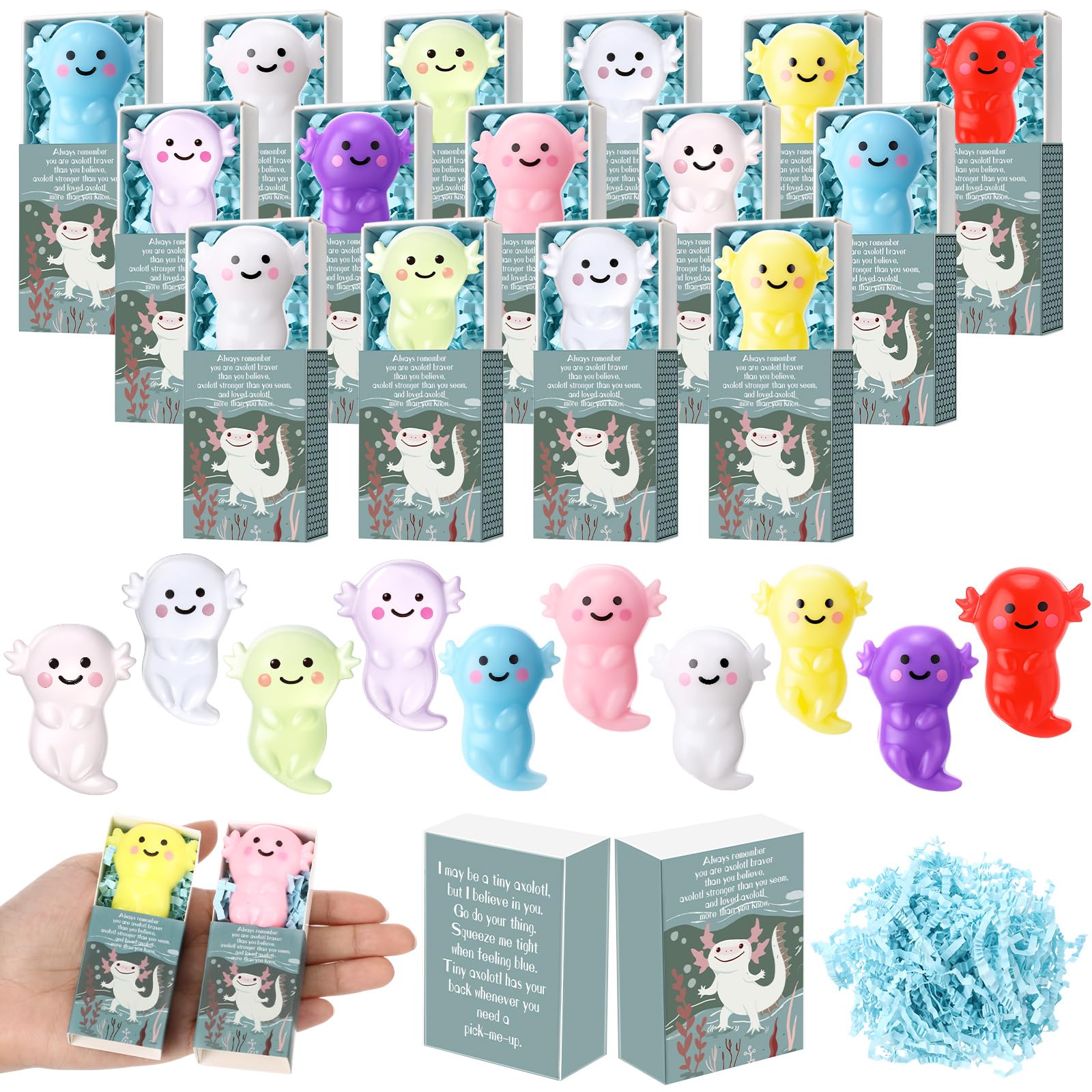 Wettarn 20 Sets Axolotl Positive Gifts Cute Stress Balls with Support Gift Boxes Inspirational Party Favors for Employee Coworke