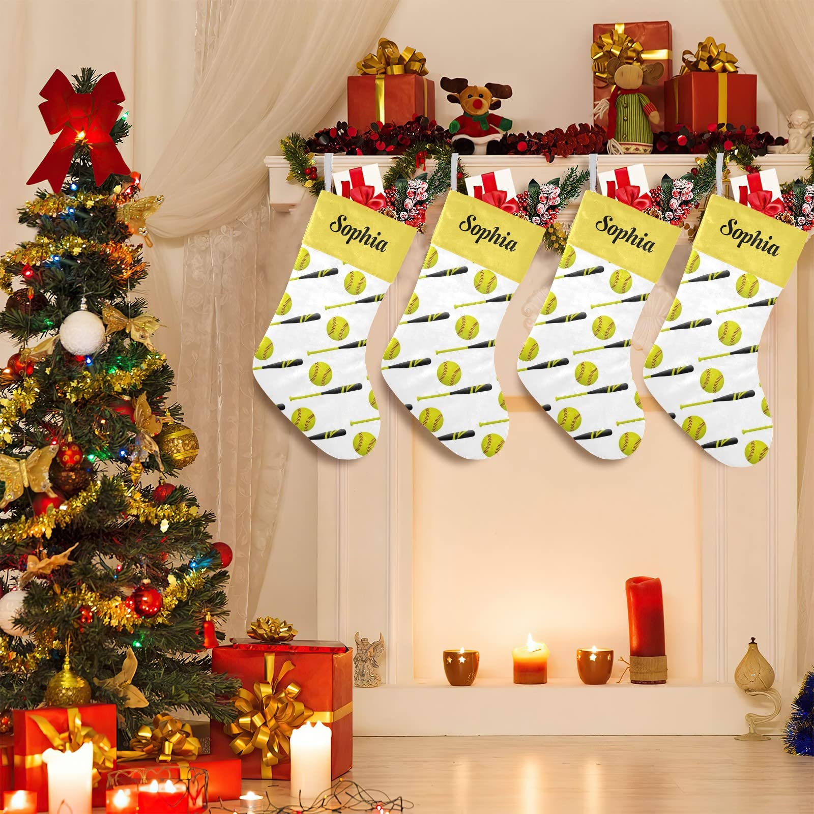 Yellow Softball Christmas Stockings Custom Name Party Family Decor Festive Santa Candy Gift Bag Socks 17.52 x 7.87 Inch