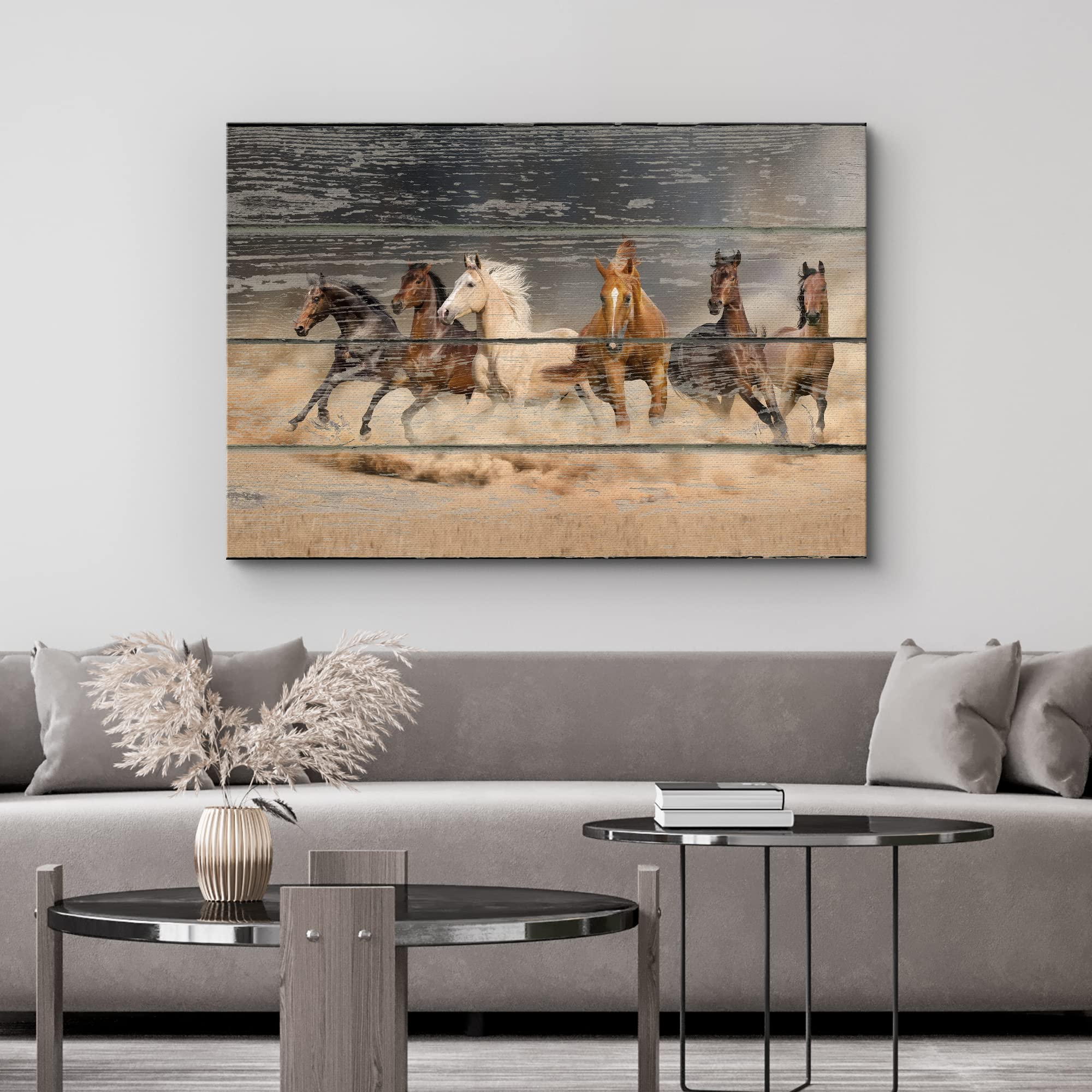 Wall26 Canvas Print Wall Art Galloping White, Brown & Black Horses Animals Wildlife Wood Panels Photography Rustic Scenic Colorf