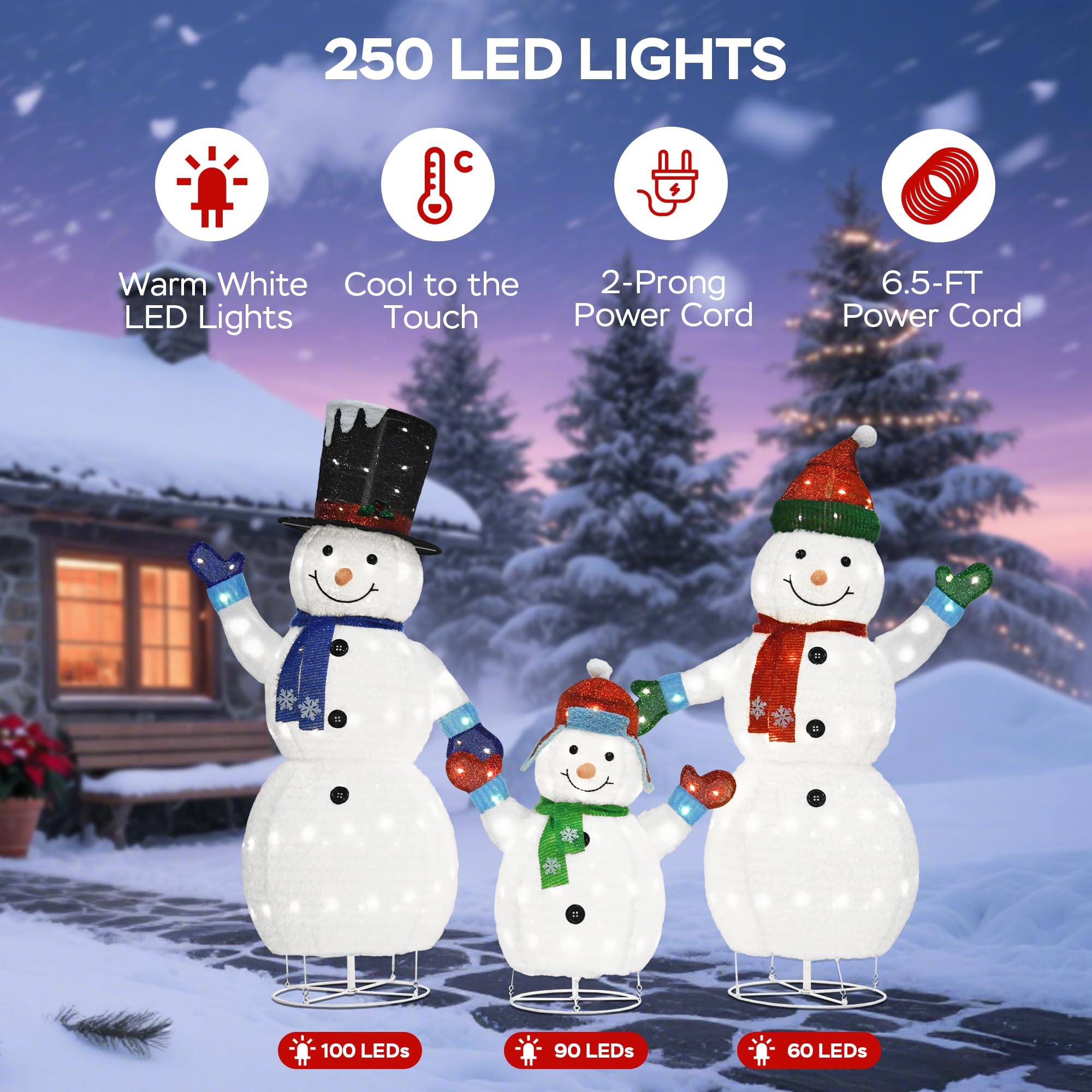 VELTENOVAIRE 62/60/35 Large 3D Pop-Up Snowman Set, Lighted Snowman Family Outdoor Christmas Decor with 250 Warm White LEDs, Grou