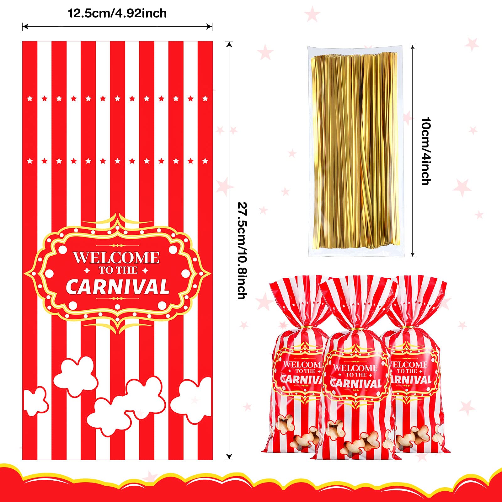 Carnival Candy Bags Circus Plastic Bags Carnival Party Treat Bags Popcorn Pattern Party Bags Goody Bags With 100 Gold Twisted Ti