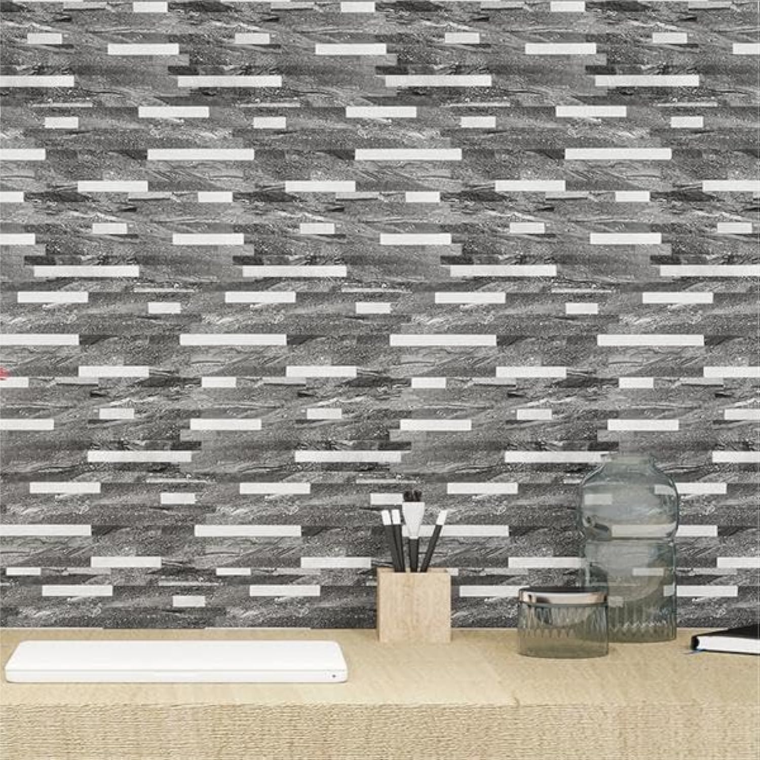 Kasaro 10-Sheet Peel And Stick Backsplash Tiles For Kitchen, Marble Black With Vintage Silver Embellished Stripes, Self-Adhesive