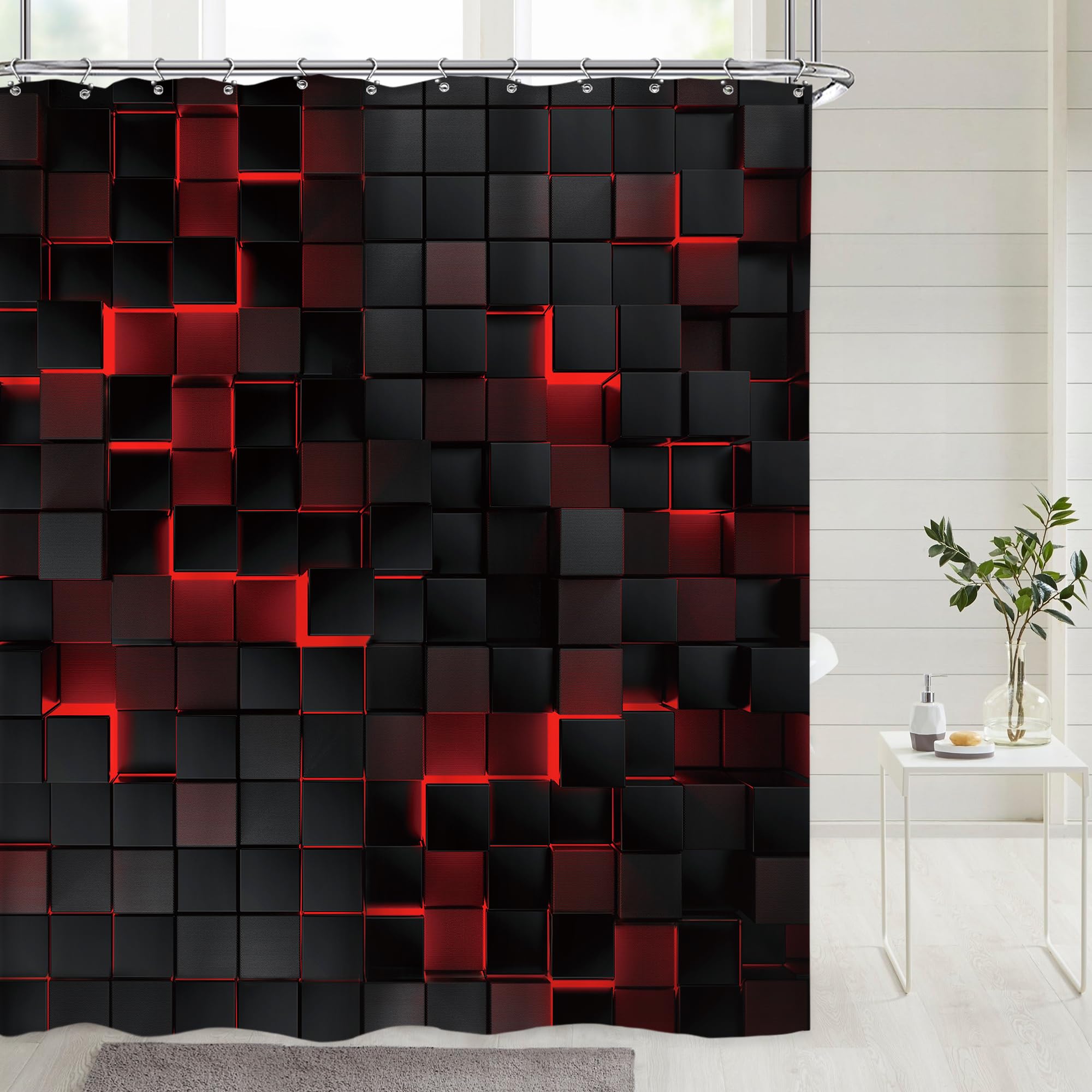 Riyidecor Black Red Shower Curtain 60Wx72H Inch Abstract Wall Brick Modern 3D Gradient Design Futuristic Cubes Geometric Plaid M