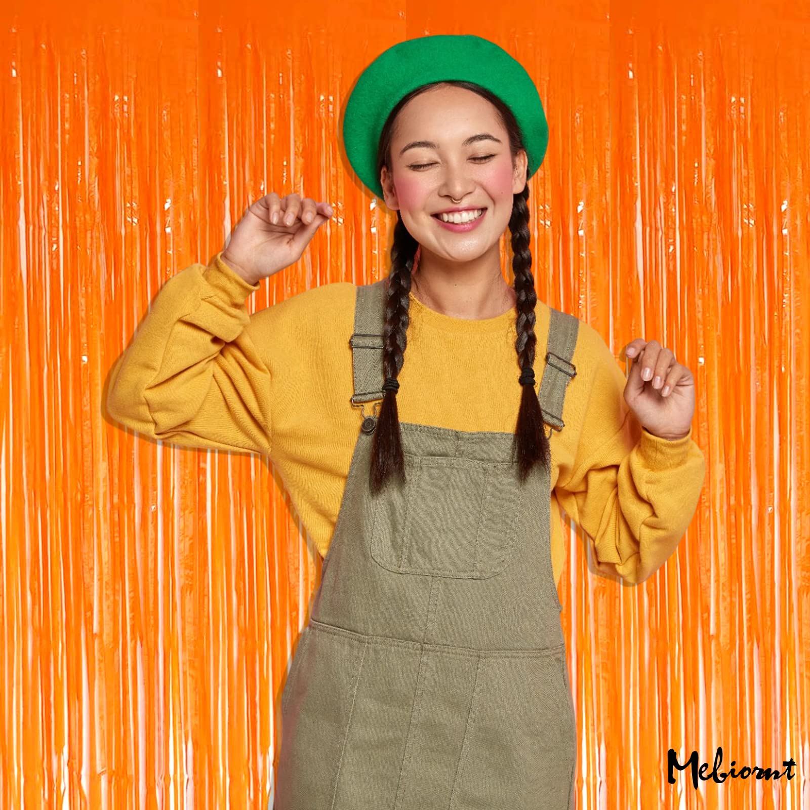 4 Pack Fringe Curtain Backdrop, 3.2Ft X 9.8Ft Macaron Orange Metallic Tinsel Foil Fringe Streamers Background For Photo Booth Bi