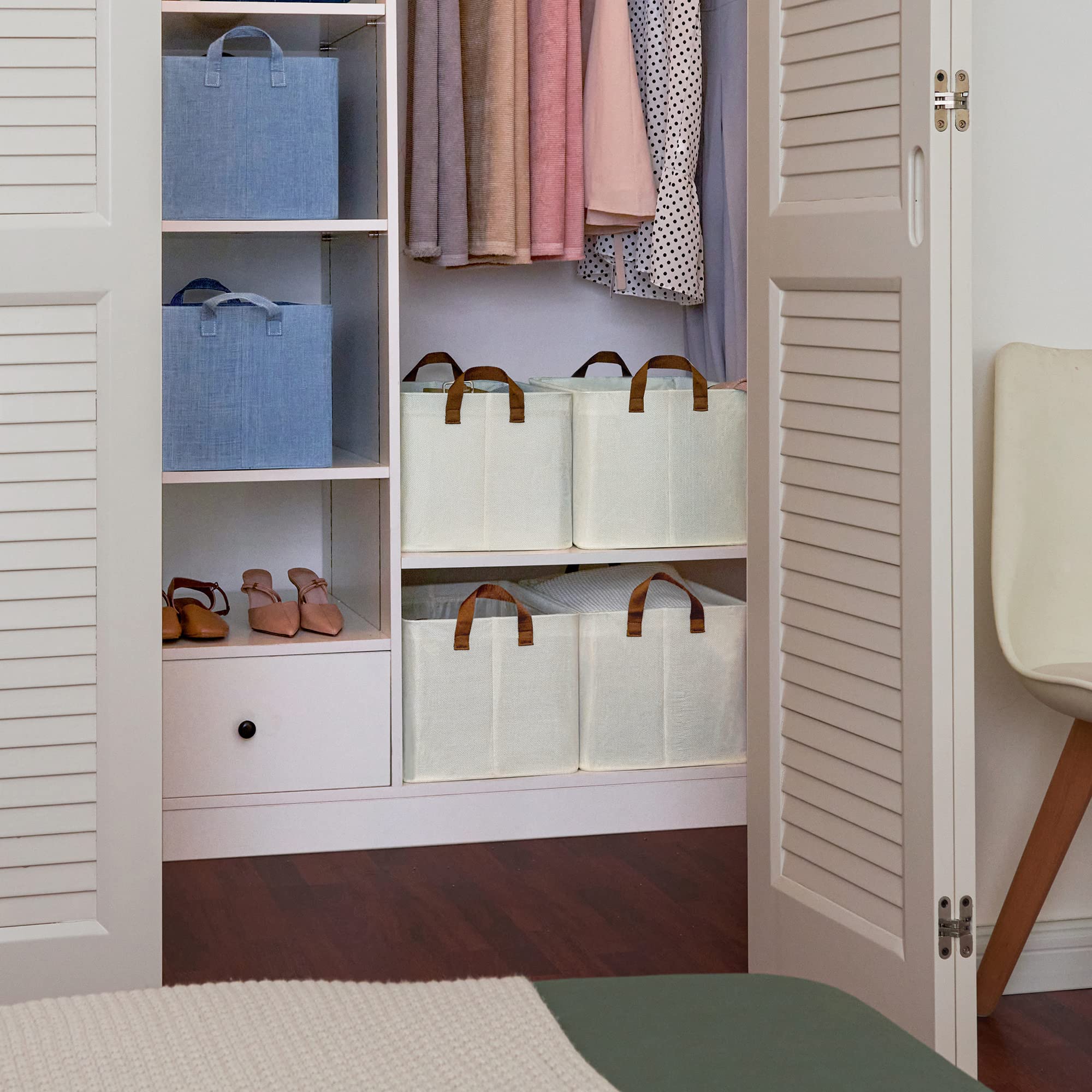 GRANNY SAYS Storage Bins for Shelves  Linen Closet Organizers and Storage Baskets with Metal Frame  Extra Large Storage Boxes for Wardrobe Shelf Laundry Room  Yellow White  4-Pack