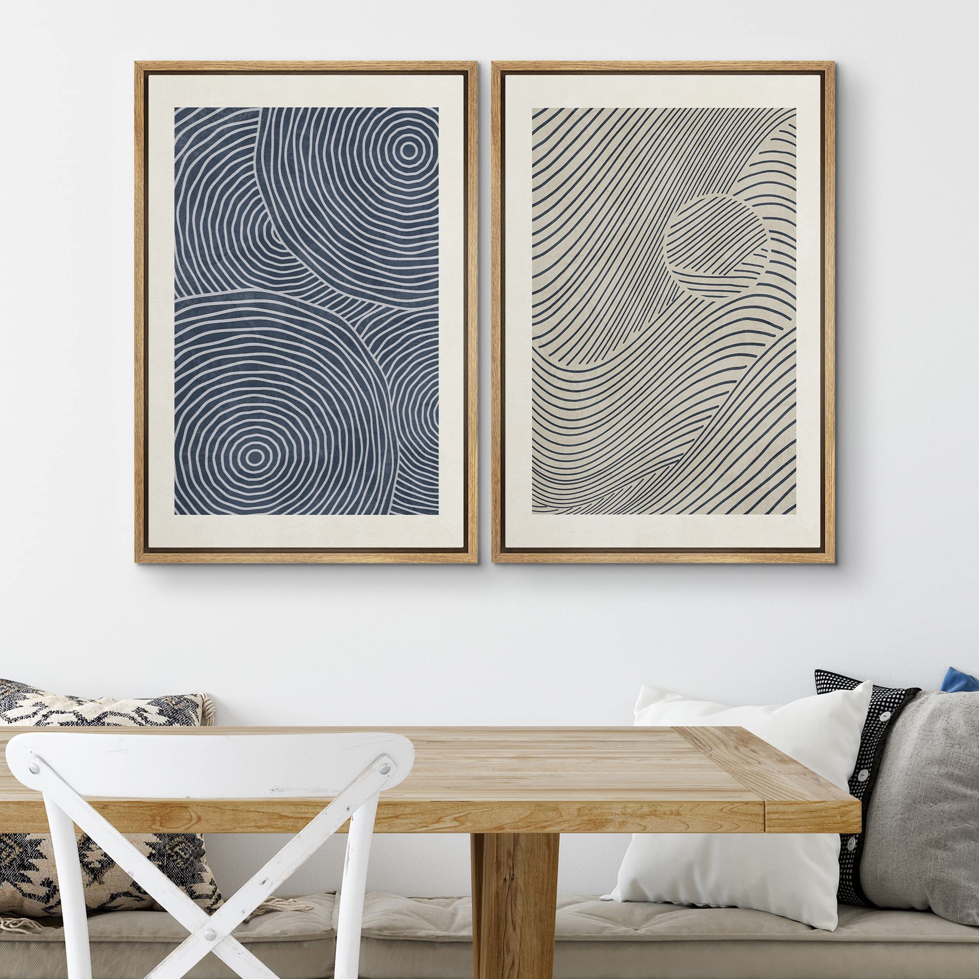 SIGNWIN Framed Canvas Print Wall Art Set Blue Black 3D Wave Nordic Geometric Landscape Abstract Shapes Illustrations Minimal Decorative Bohemian for Living Room  Bedroom  Office - 24''x36''x2 Natural