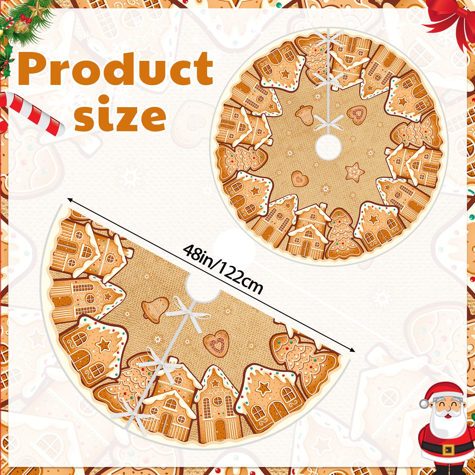 Motionchic 48 Inches Christmas Tree Skirt Gingerbread House Pattern Christmas Tree Mat Cookies Sugar Candy Ornaments Decorations