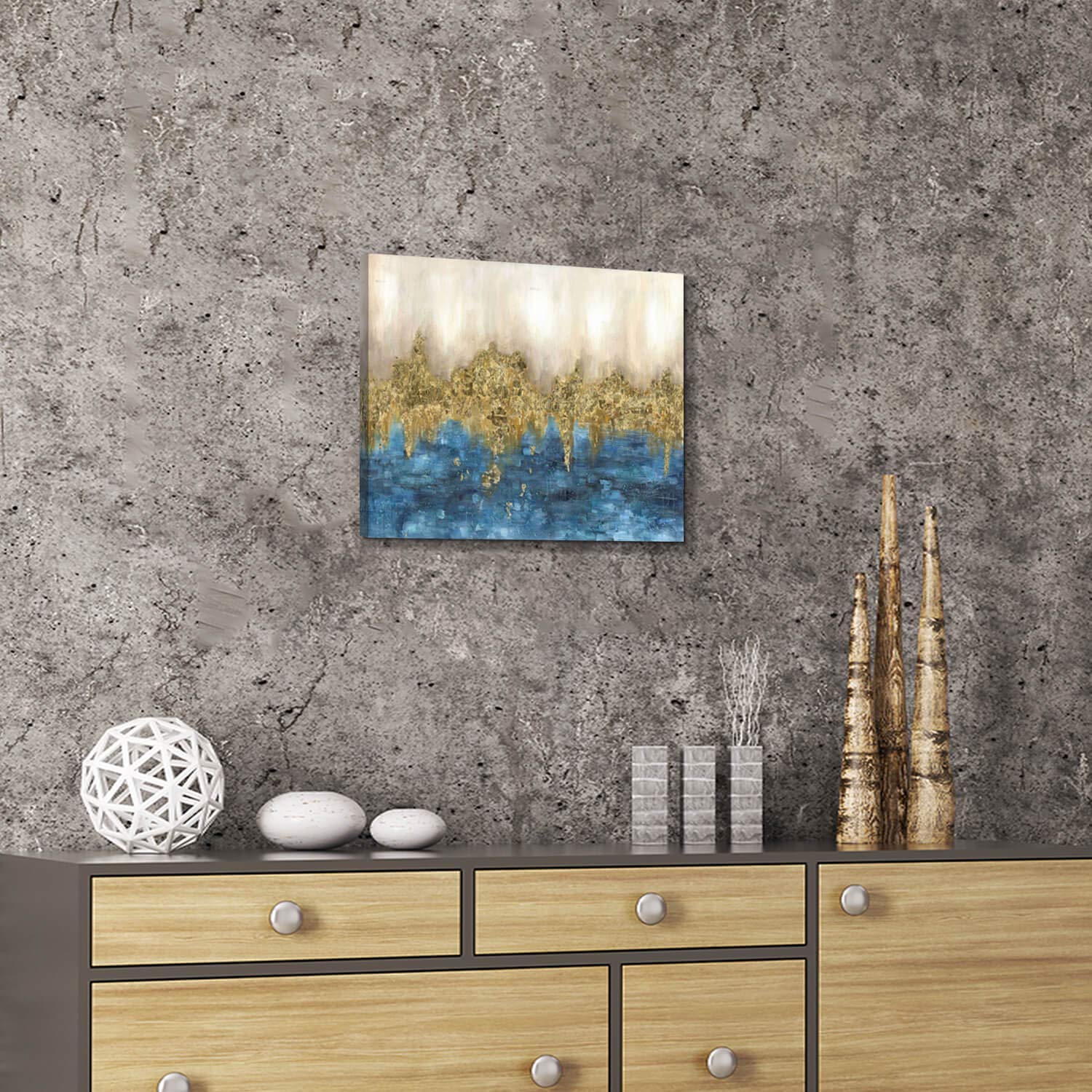Abstract Print Canvas Wall Art: Blue Gold Artwork Picture Small Size For Bedroom (16    X 12'' X 1 Panel)