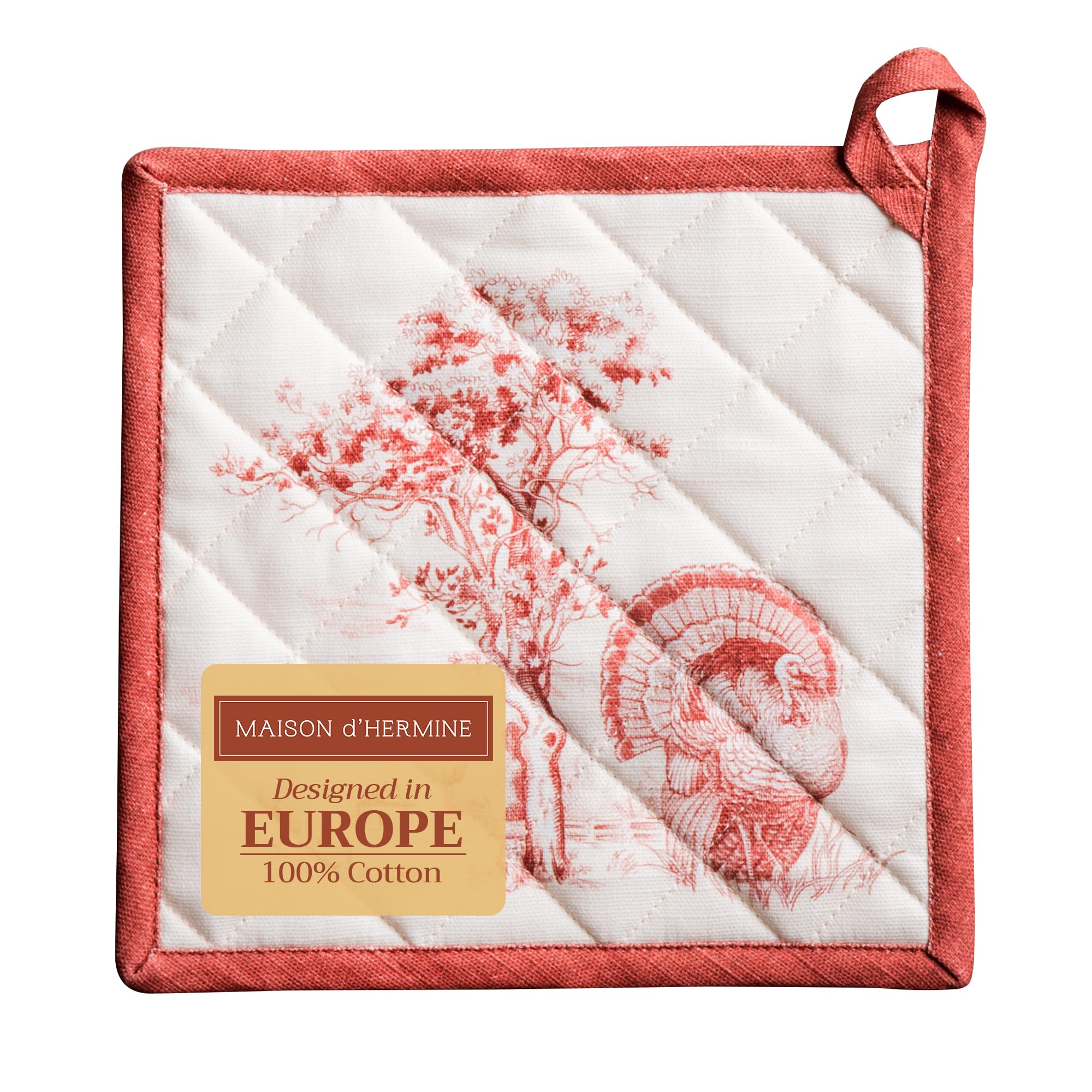 Maison d' Hermine Hot Pads 100% Cotton Pot Holders with Loop Heat Resistant Potholders for Gifts  Grilling  Barbeque  Handling Hot Pans  Holy Jouy - Red - Thanksgiving/Christmas (8''x8'')