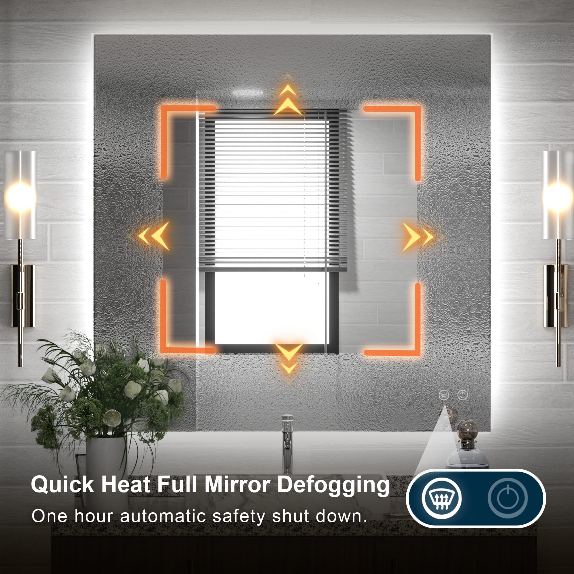 TETOTE 36x36Inch LED Backlit Bathroom Mirror with Lights 3Color White/Warm/Natural Anti-Fog Lighted Mirror Dimmable Vanity Mirror Wall Mounted