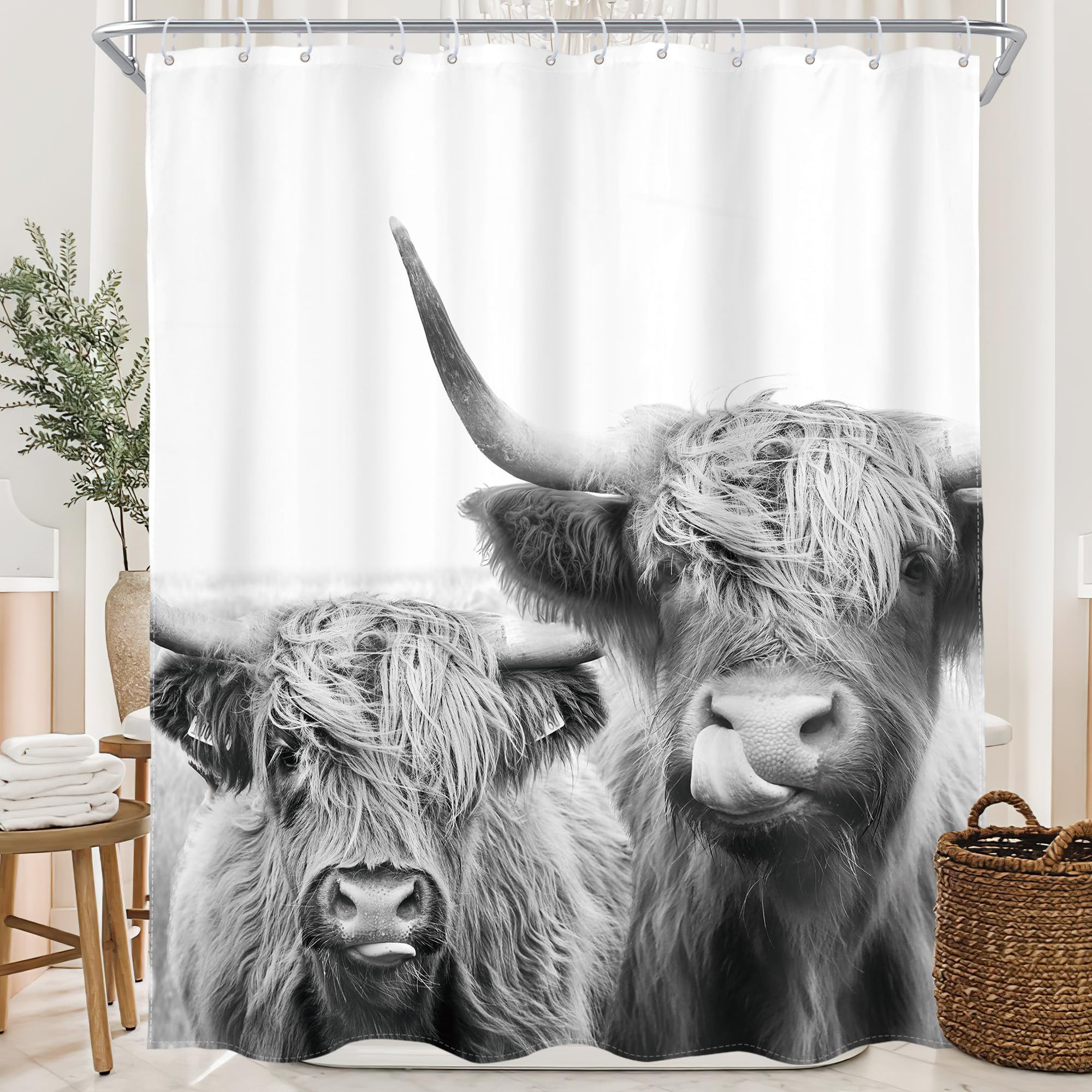 Ambzek Two Cows Shower Curtain 60Wx72L Inch Rustic Bull Highland Cow Farmhouse Country Western Farm Animal Cattle Funny Cute Mil