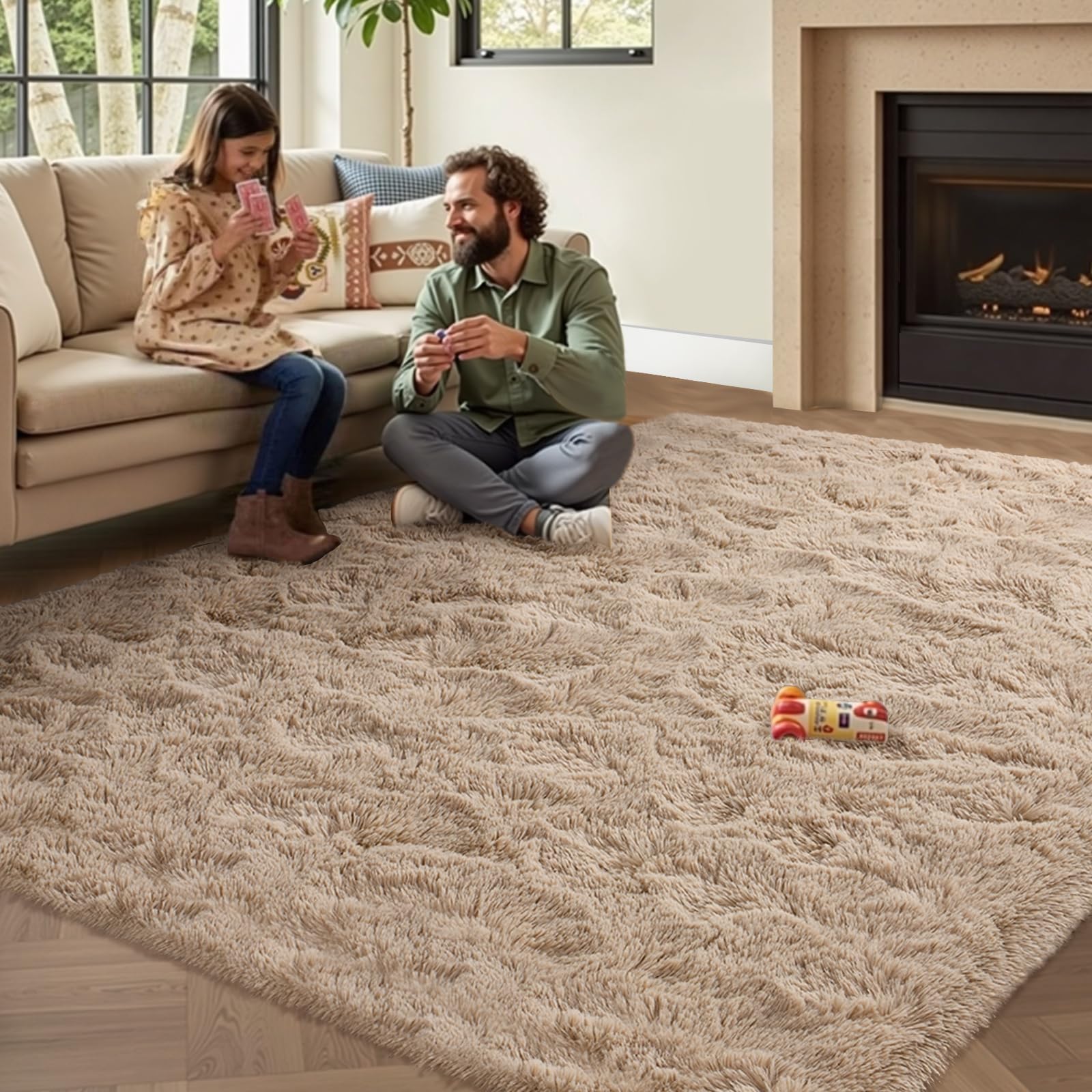 6x9 ft Beige Rugs for Living Room Fluffy Bedroom Rug Cream Soft Area Rugs Non-Slip Shag Carpet for Nursery Kids PlayRoom Dorm Of